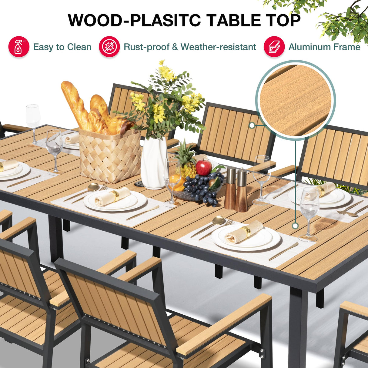 Pamapic 10-Piece Patio Dining Set,Outdoor Aluminum Furniture Set with Plastic-Wood Table Top,Outdoor Furniture Set with 8 Outdoor Stackable Chairs for Patio Garden Poolside (Teak) Pamapic