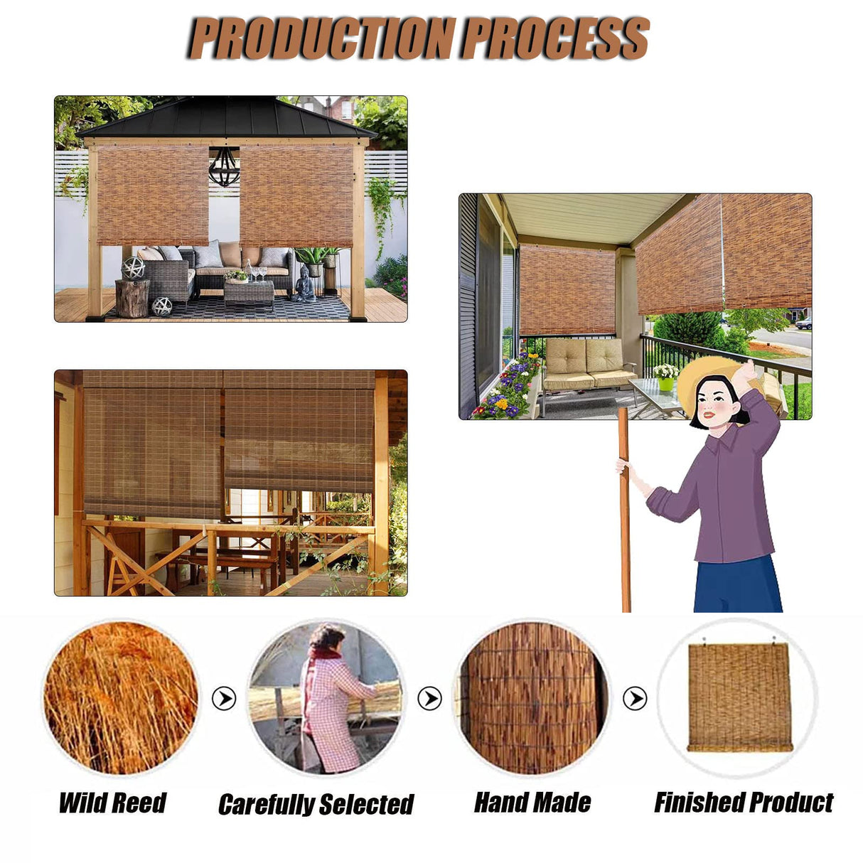 Bamboo Shade Bamboo Blinds Outdoor for Patio, Bamboo Blind Bamboo Roll Up Blinds, Reed Shades Outdoor Blinds, Bamboo Roll Up Shades for Porch/Garden/Sunroom Privacy 35x48inches(W×H) Brown WEZINK