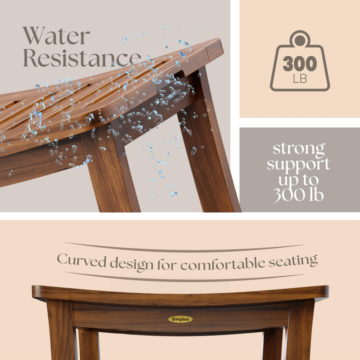 Simplex Teak Shower Bench, Fully Assembled Shower Stool, Water-Resistant Spa Seat, 20.8 Inch Non Slip Shower Bench, Indoor & Outdoor Use SIMPLEX
