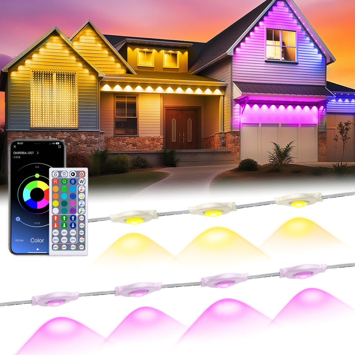 MuliVid 200Ft Permanent Outdoor Lights for House, RGB Halloween House Light Outdoor with Remote APP Control,IP67 Waterproof for Outside Decorations,Eaves Lights for Christmas, Holiday, Party, Daily MuliVid
