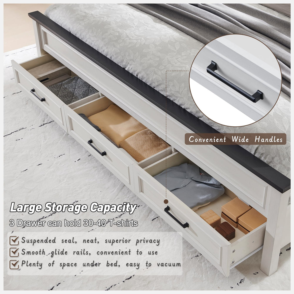 JXQTLINGMU Farmhouse Queen Wood Bed Frame with 52" Tall Headboard & Footboard, Platform Bedframe with Hidden Storage Drawers, Noiseless, No Box Spring Required, Antique White JXQTLINGMU