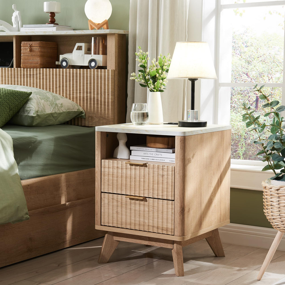 T4TREAM Fluted Nightstand with Charging Station, 18" Modern Side Table with Faux Marble Top, 2 Drawers End Table w/Storage, Bedside Table for Bedroom, Living Room, Curved Profile Design, Natural Oak T4TREAM