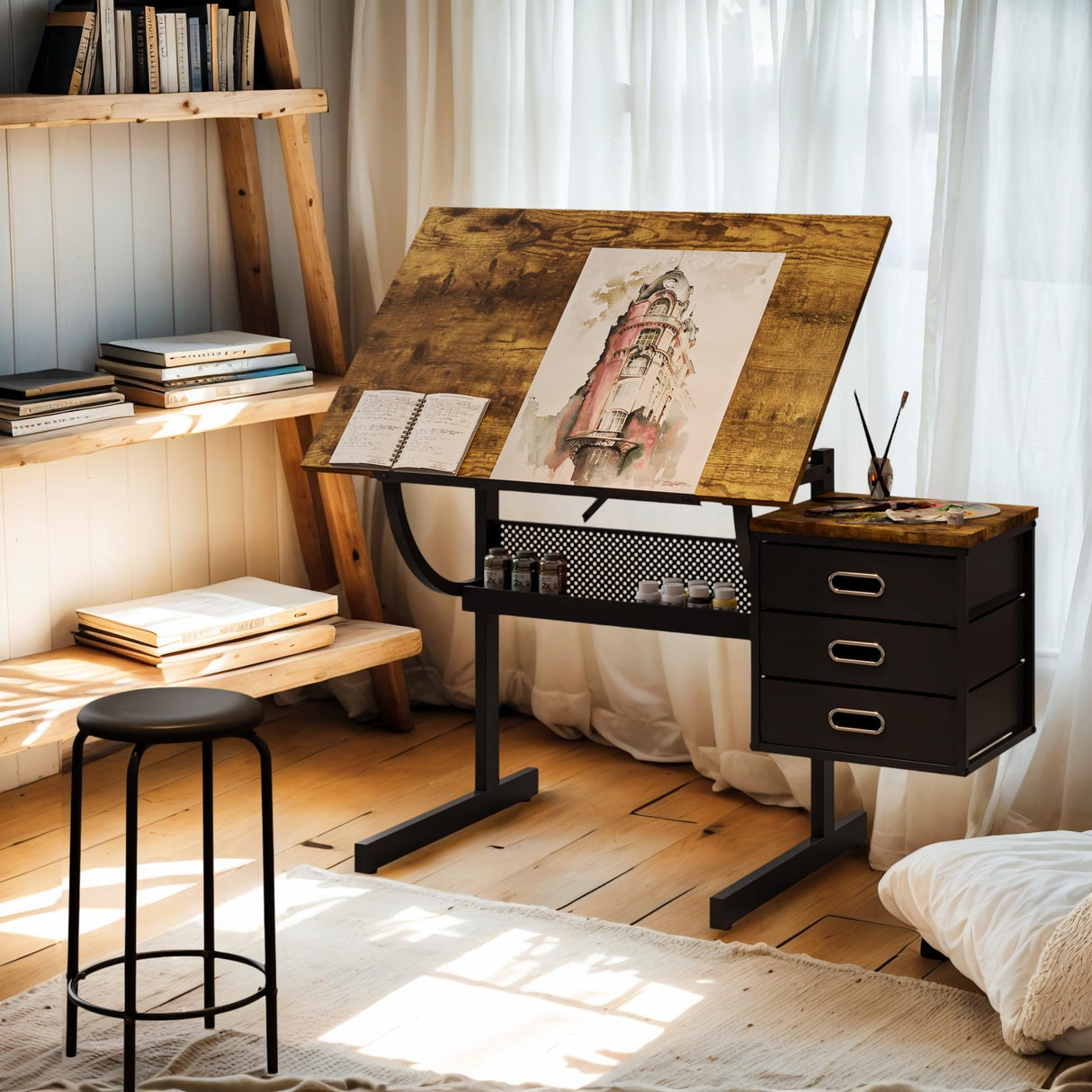Drafting Table with Storage for Adults/Artists, Drawing Art Desk with 3 Drawers and Stool,Tabletop Adjustable Art Table Workstation for Studio Home Office School,Black KrenzhHome