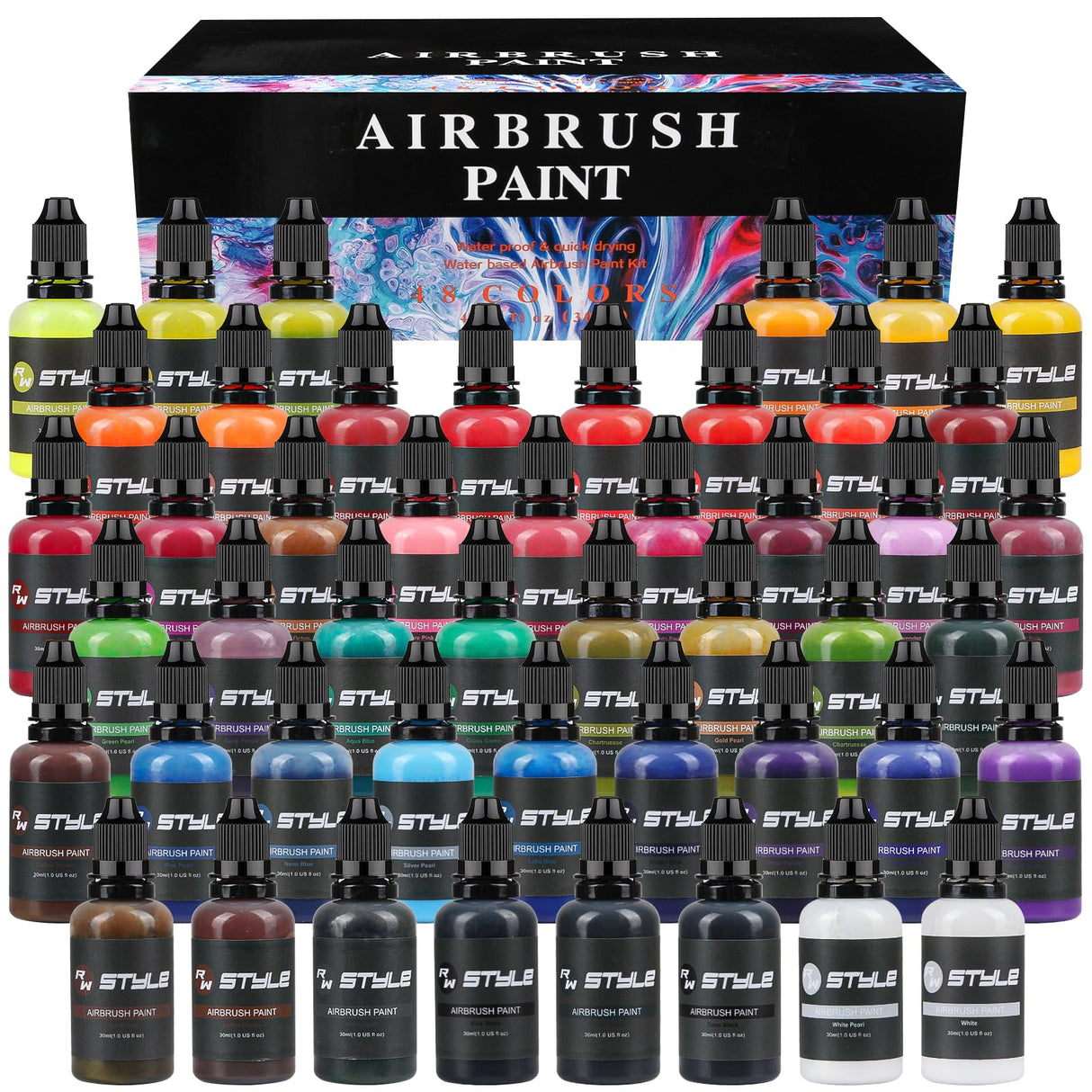 rhinowisdom Airbrush Paint - 48 Colors Airbrush Paint Set 1fl oz, Opaque & Brilliant Colors, Leather & Shoe Acrylic Air brush Paint Kit Ready to Spray Water Based for Artists Beginners Hobbyist rhinowisdom