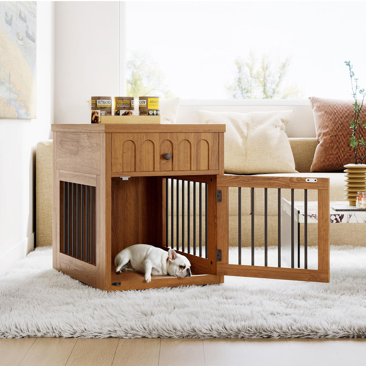 LIKEMET Dog Crate Furniture for Small Dogs, Wooden Dog Kennel with Drawer, Indoor Pet Crate End Table with 1.18-inch Tabletop, Decorative Pet Cage Dog House, Walnut LIKEMET