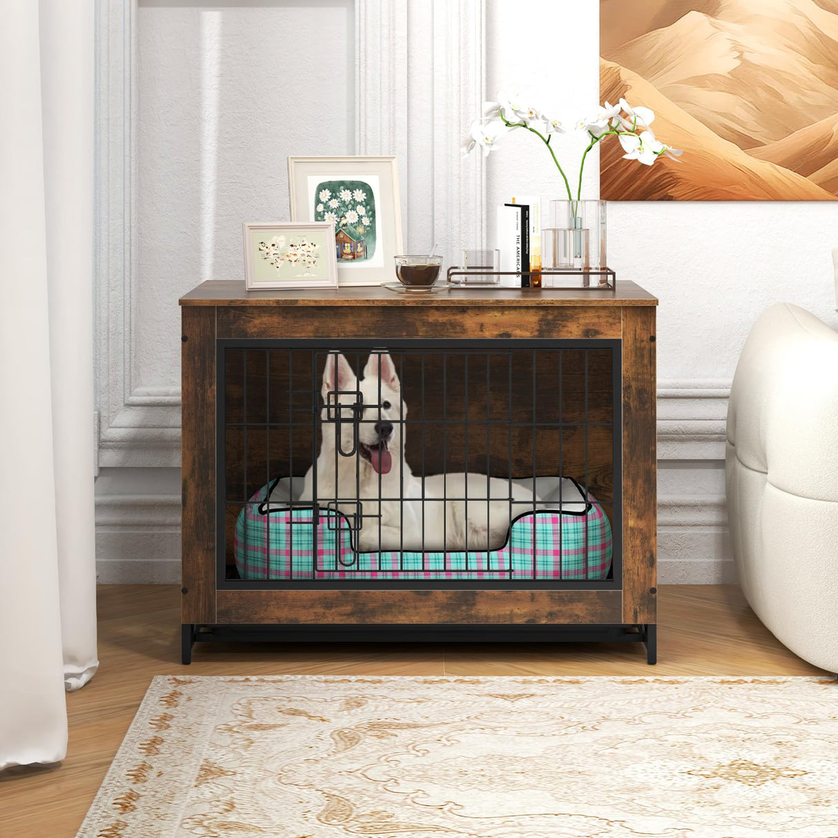 Giantex Dog Crate Furniture - 32.5" L Dog Kennel Side Table with Double Doors & Removable Pull-Out Tray, Left or Right Side Door, Modern Dog Cage Pet House End Table for Medium Dogs, Rustic Brown Giantex