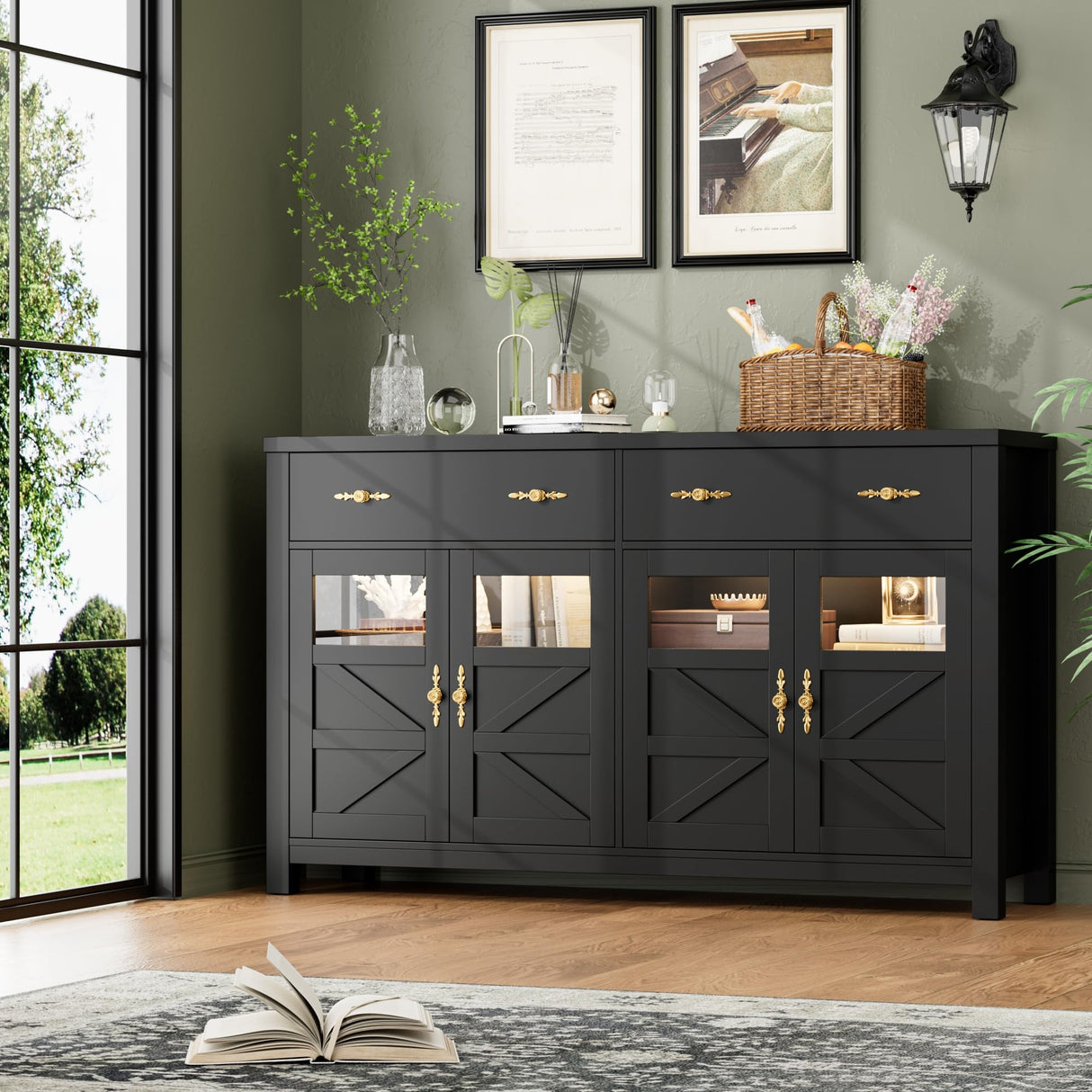 finetones Buffet Cabinet with Storage, 55.1" Large Sideboard Buffet Cabinet, Farmhouse Sideboard Kitchen Cabinet with 2 Drawers and 4 Doors, Wood Coffee Bar Cabinet Buffet Table for Kitchen, Black finetones