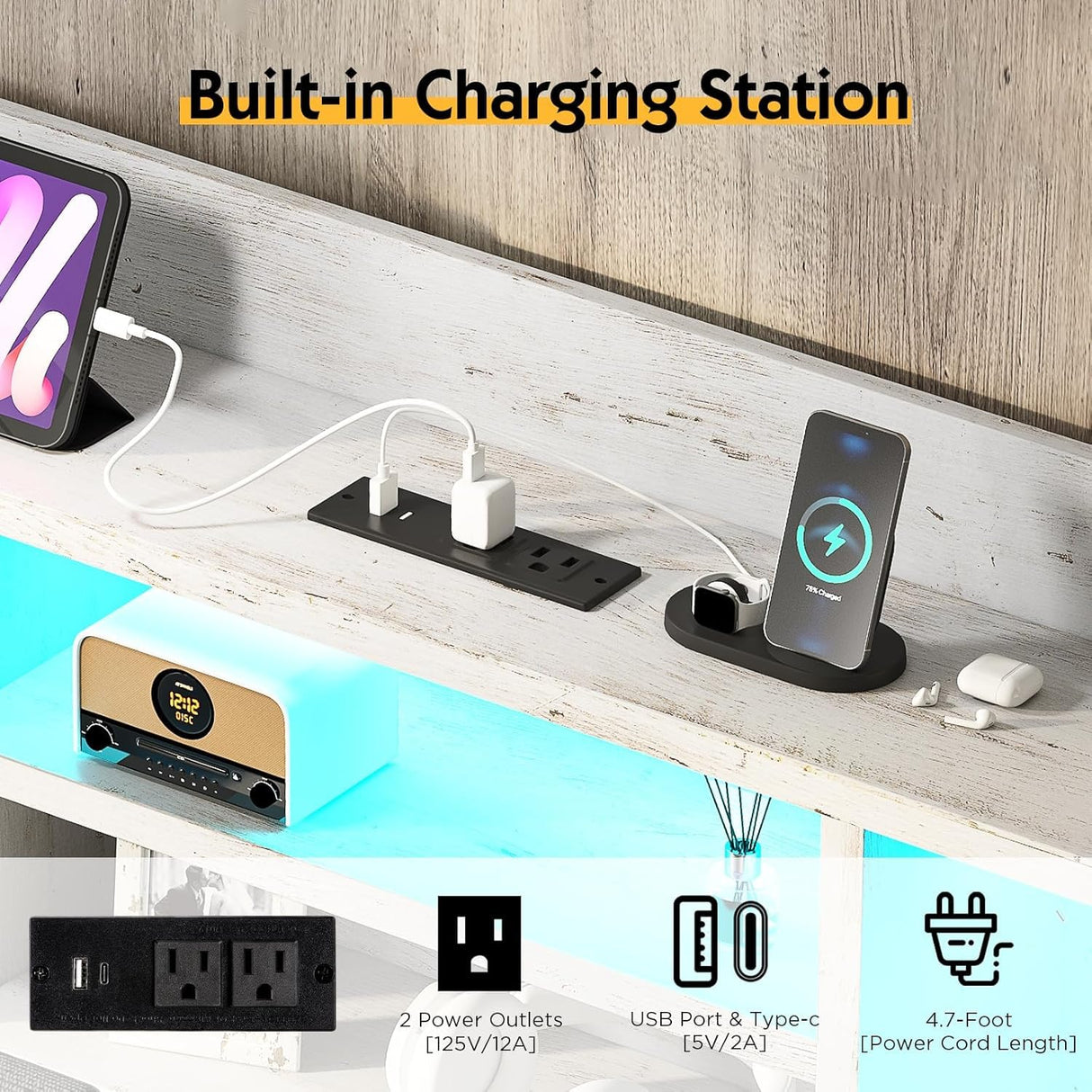 LUXOAK Full LED Bed Frame with Bookcase Headboard and 4 Drawers,Farmhouse Storage Bed with Charging Station & Linen Upholstered, No Box Spring Needed, Distressed White LUXOAK