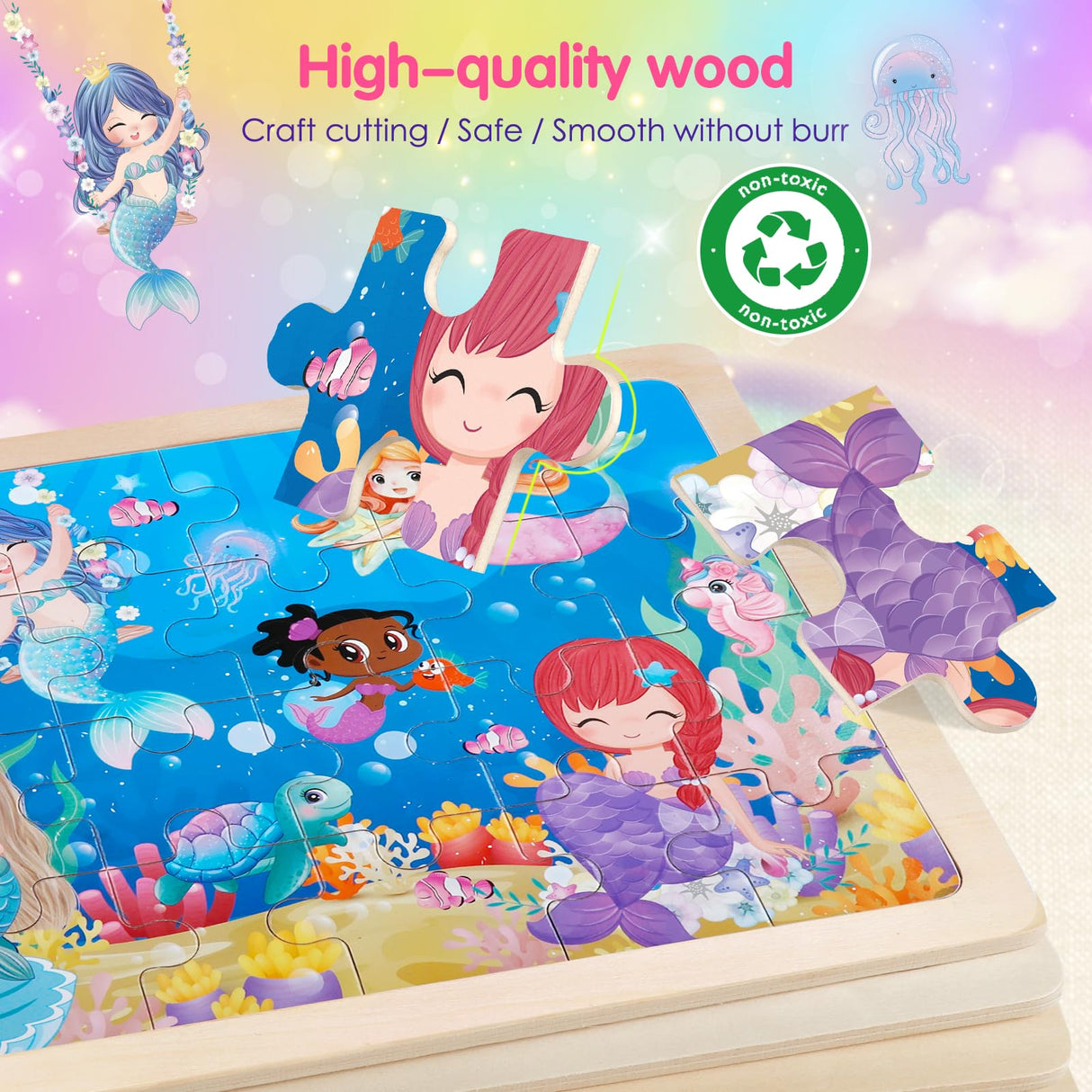 Jigsaw Puzzles Wooden Puzzles for Girls Ages 3-5 Unicorn Mermaid Princess Fairy Puzzle Preschool Educational Brain Teaser Boards Toys Gifts for 3 4 5 6 Year Old Kids 4 Packs 24 Pcs Wuzhineisn