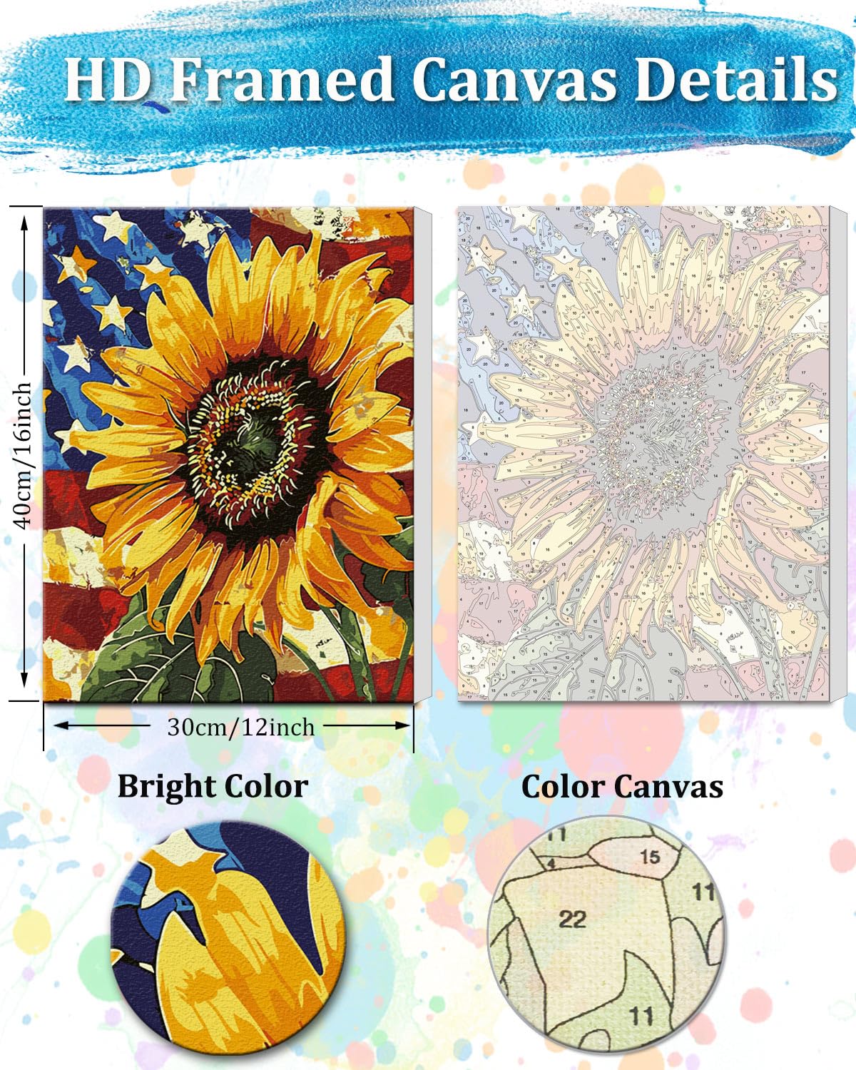 TOCARE Framed Paint by Numbers Kit for Adults Sunflowers, 12x16Inch American Sunflowers Paint by Numbers with Frame, Flower Paint by Number Framed Canvas (Without Easel) TOCARE