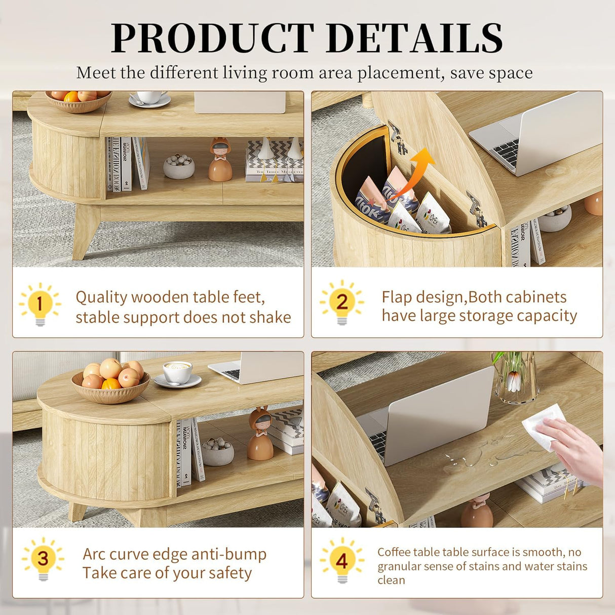 Fsbecl 46.45'' Oval Coffee Tables for Living Room, Mid Century Modern Coffee Table with Storage, Wood Fluted Accent Center Table with Flip-Top Lids for Home,Office (Wood Color) Fsbecl