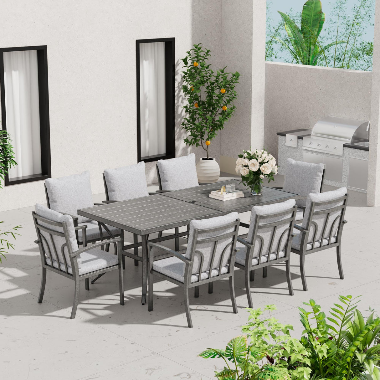 HAPPATIO 9-Piece Patio Dining Set - All Aluminum Table and Chairs for 8, Includes Rectangular Table and 8 Chairs with Cushions, Lawn, Garden HAPPATIO