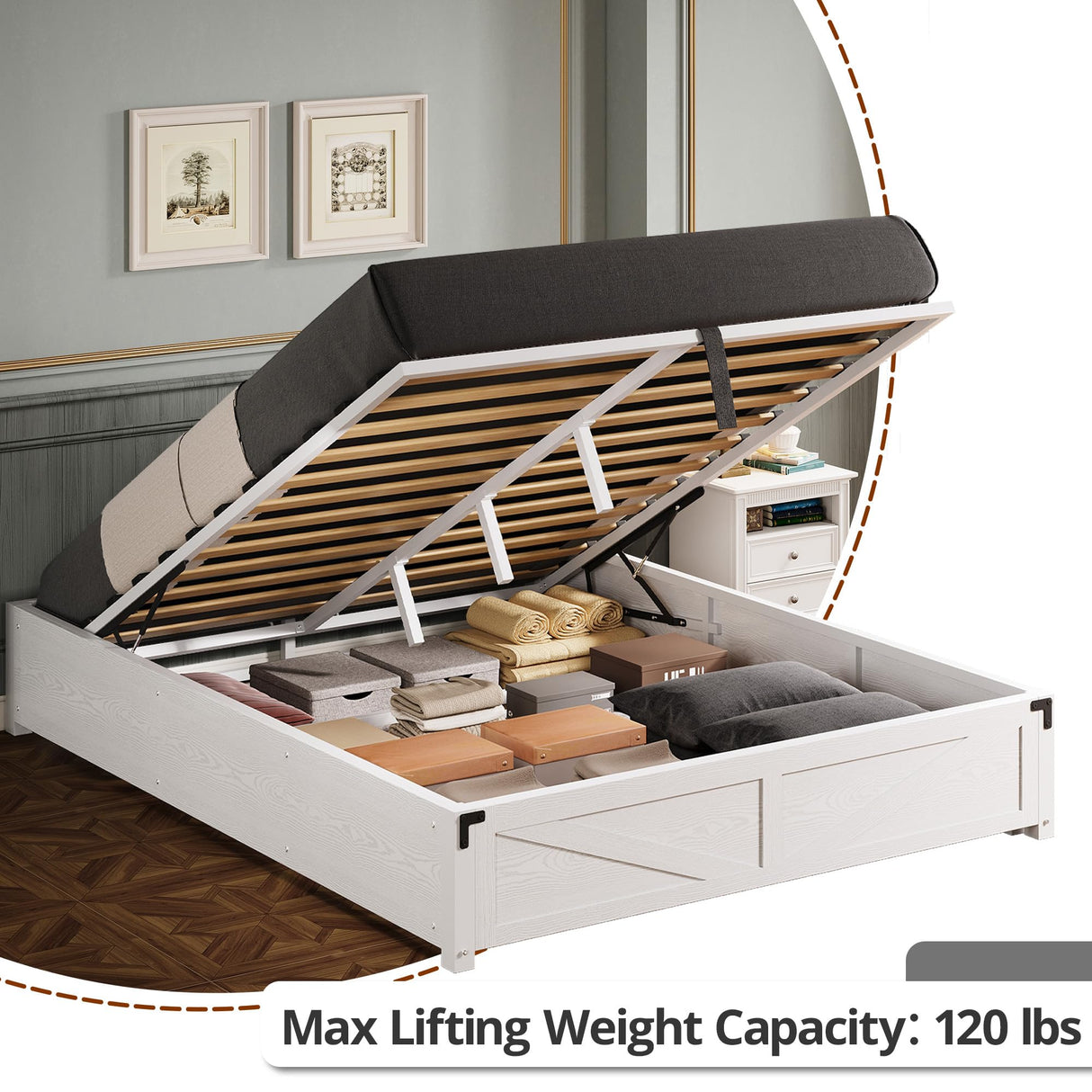 LIKIMIO Platform Queen Size Bed Frame, Farmhouse Bed Frames with Lift Up Storage, Wooden Slats, Sturdy and No Noise, Easy Assembly, White LIKIMIO