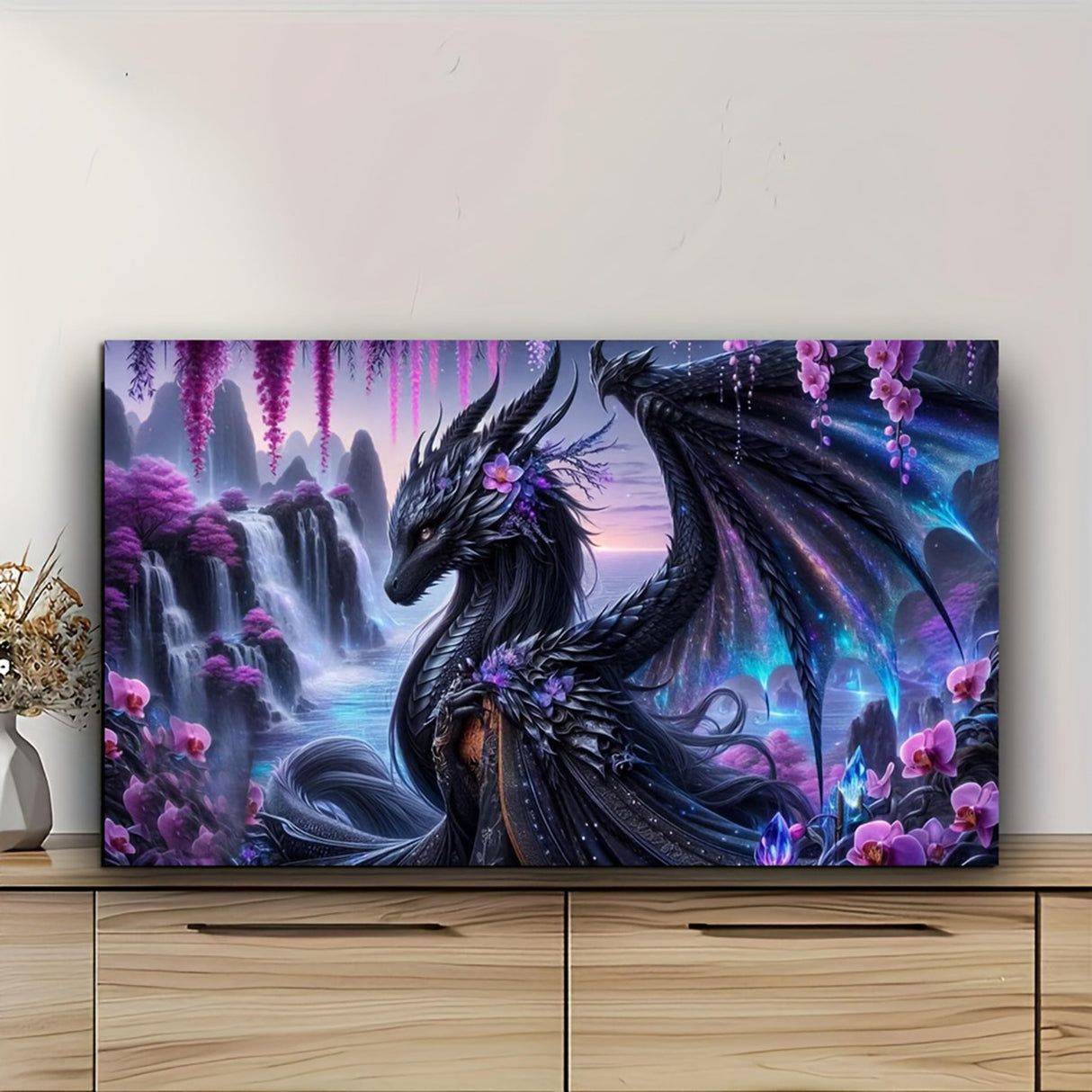 KUFWKEY Black Dragon Mosaic Diamond Paintings,5D DIY Diamond Painting for Adults,Fantasy Animal Diamond Art Kits,Landscape Waterfall Art for Home Decor,Large Size 27.5x15.7inch KUFWKEY