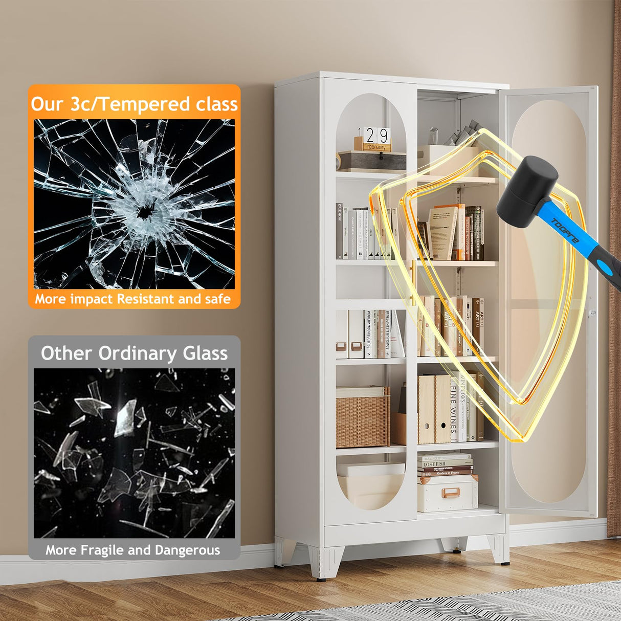 PAOFIN 71" H Locking Display Cabinet with Glass Door, Metal Curio Cabinets with 4 Adjustable Shelves, Tall Liquor Cabinet Display Case for Living Room, Collectibles, Home - Assembly Required White PAOFIN