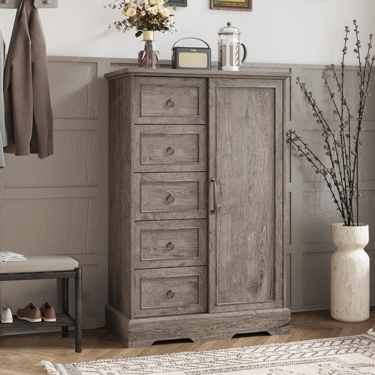 Vabches Farmhouse Dresser Storage Cabinet Chest of Drawer for Bedroom, 5 Drawer Dresser with Sliding Barn Door, 48" Tall Wood Rustic Dresser for Bedroom, Living Room, Entryway, Hallway, Washed Grey Vabches