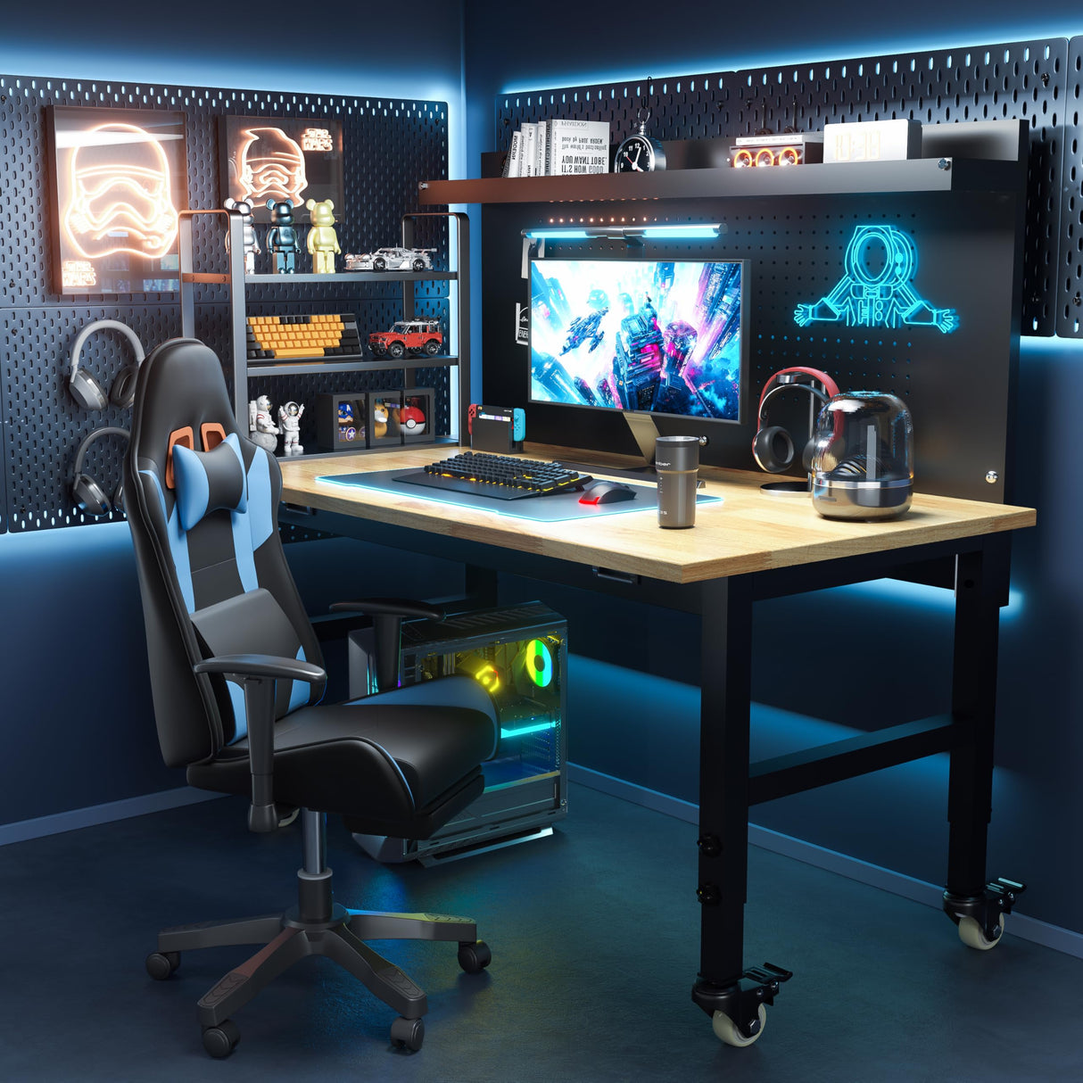 Betterhood 48" Heavy Duty Adjustable Workbench with Large Pegboard, Adjustable Work Table with Power Outlets & Lockable Wheels, Rubber Wood Workstation for Garage, Workshop, Office, Home, Commercial Betterhood