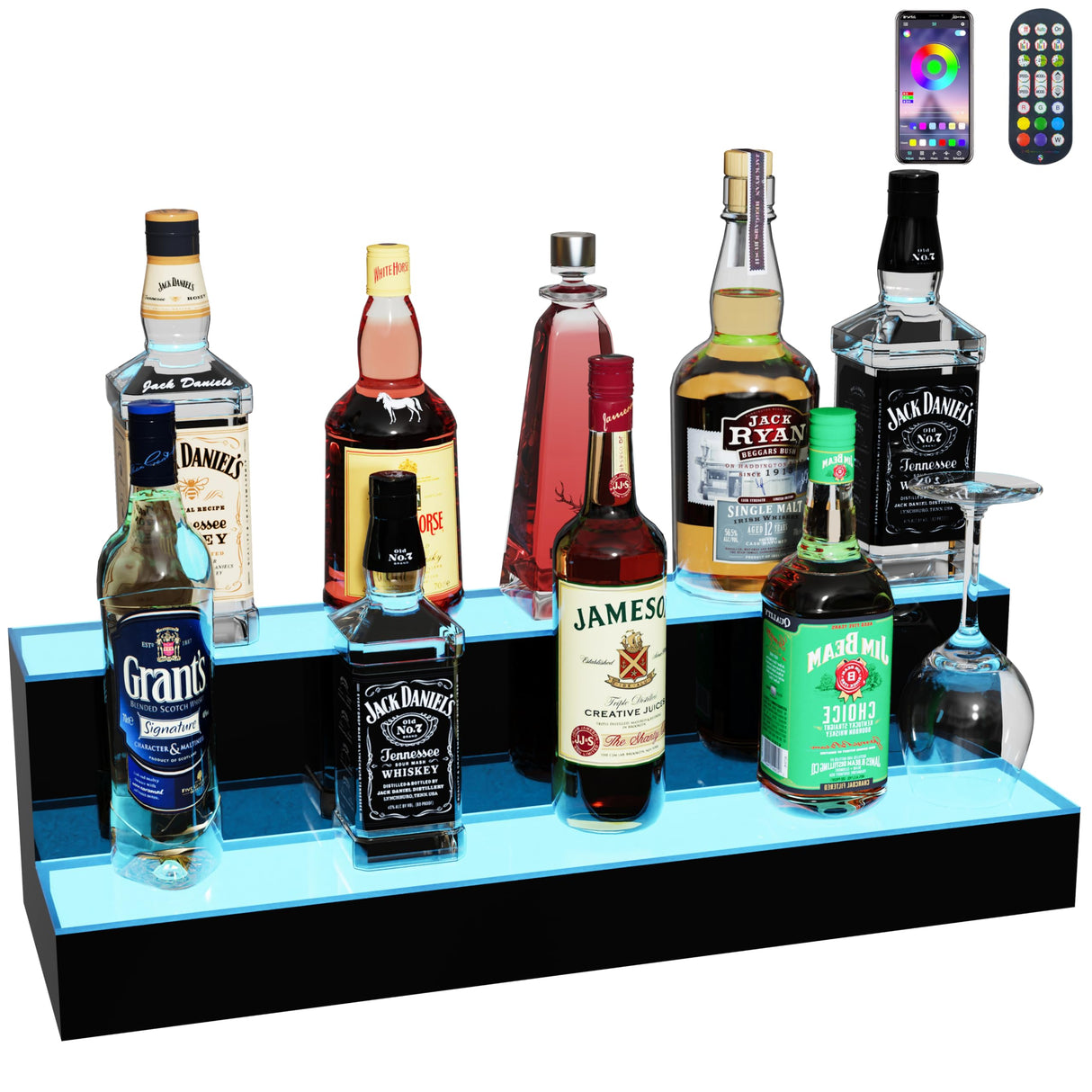 MESAILUP LED Lighted Liquor Bottle Display Shelf 24 Inch 2 Step Bar Liquor Bottle Shelf Commercial Lighting Shelves with Remote Control(2 Tier, 24 inch) MESAILUP