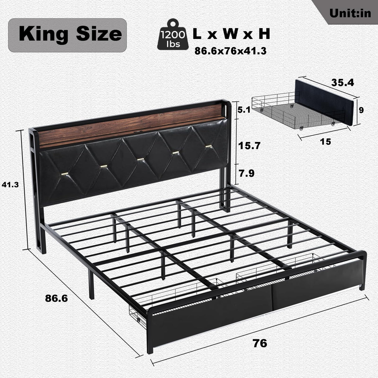 Ailisite King Size Upholstered Bed Frame with LED Headboard, Storage Drawers & Charging Station Ailisite