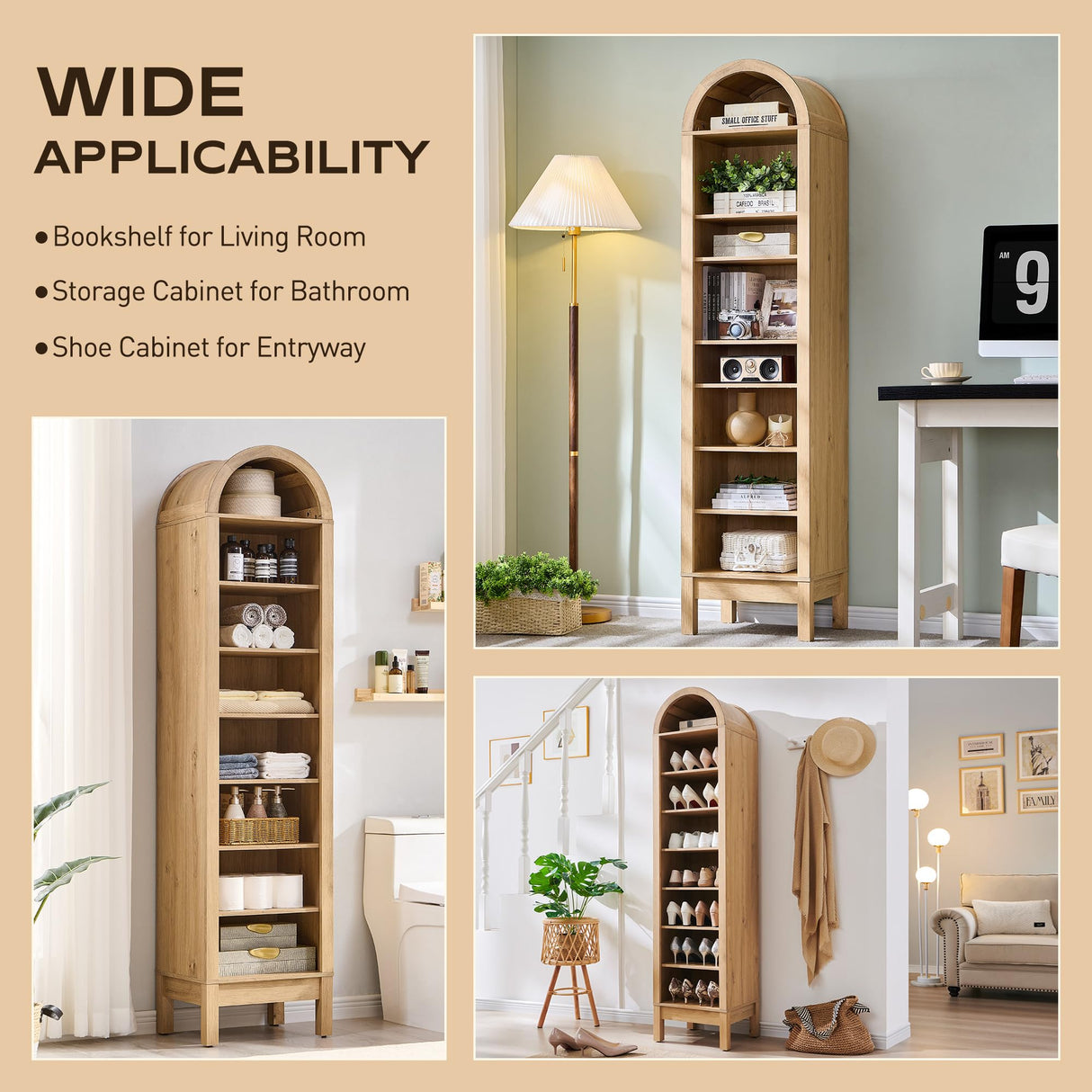 71" Tall Arched Bookshelf Set of 2, 8 Tiers Arch Bookcase with Storage, Modern Farmhouse Book Shelf with Adjustable Shelves, Wood Bookshelf w/Open Display Shelves for Living Room, Office-Natural IFGET