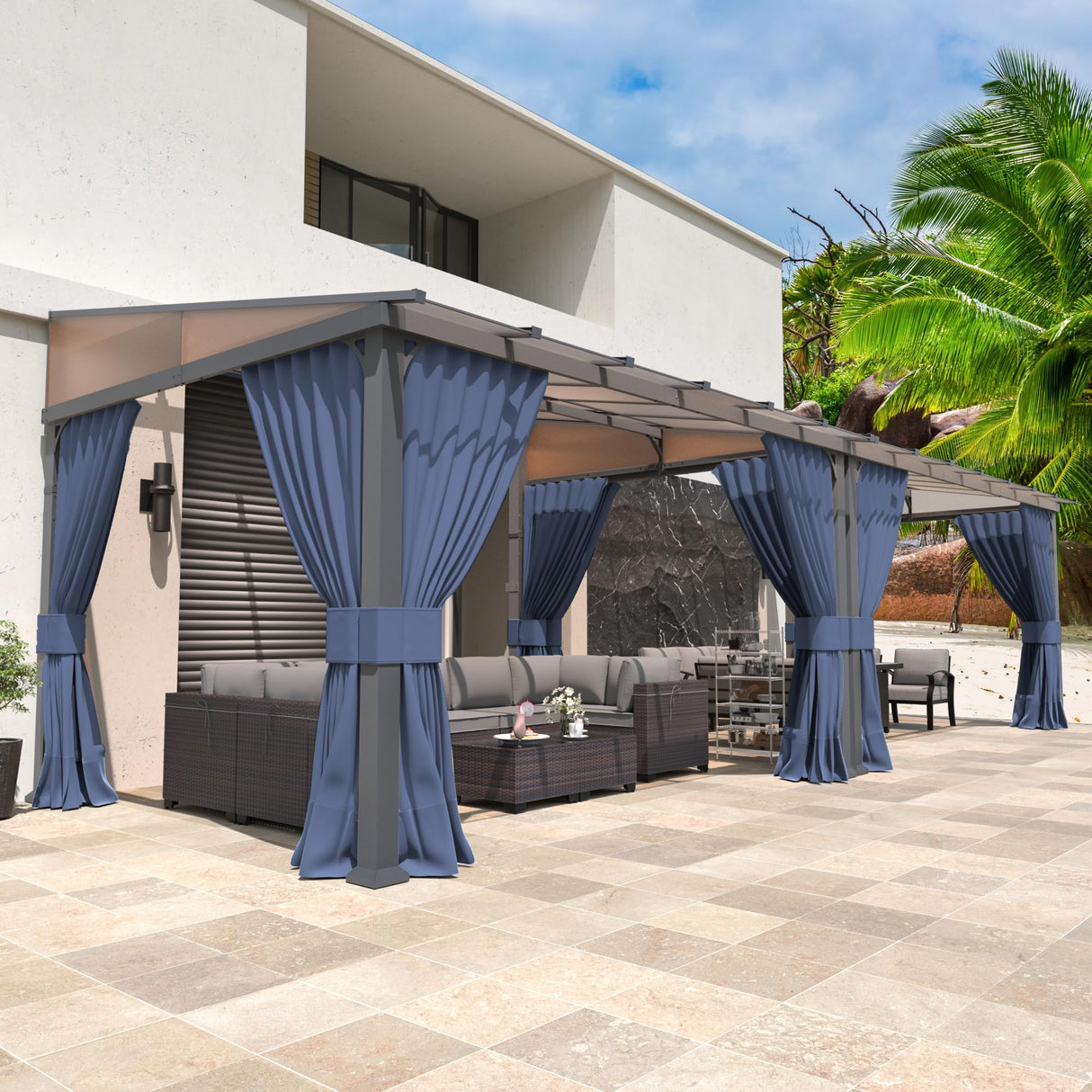 Kurapika 10’ x 24’ Gazebo, Wall Mount Gazebo Outdoor Pergola, Hardtop Lean to Gazebo Canopy Awnings with Sloped Roof and Sturdy Steel Frame, for Patio, Porch, Deck, Backyard(Navy Blue) Kurapika