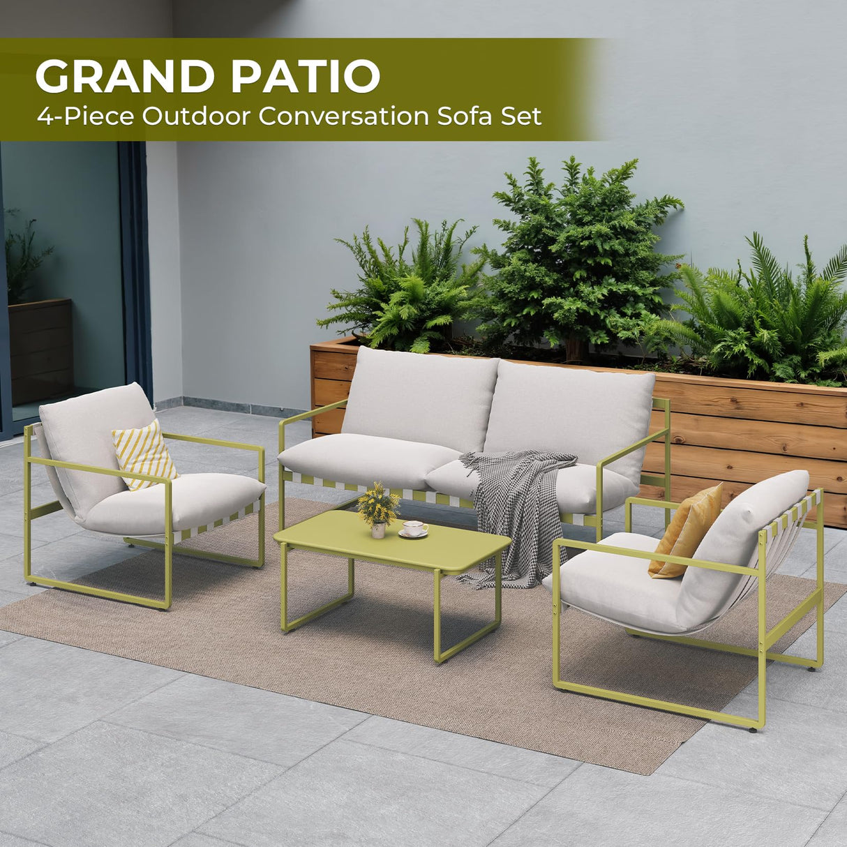 Grand patio 4-Piece Outdoor Furniture Set, Modern Patio Furniture with Soft Cushions, Small Metal Sofa Couch with Coffee Table, Conversation Set for Porch Deck Balcony Backyard Living Room, Green Grand patio