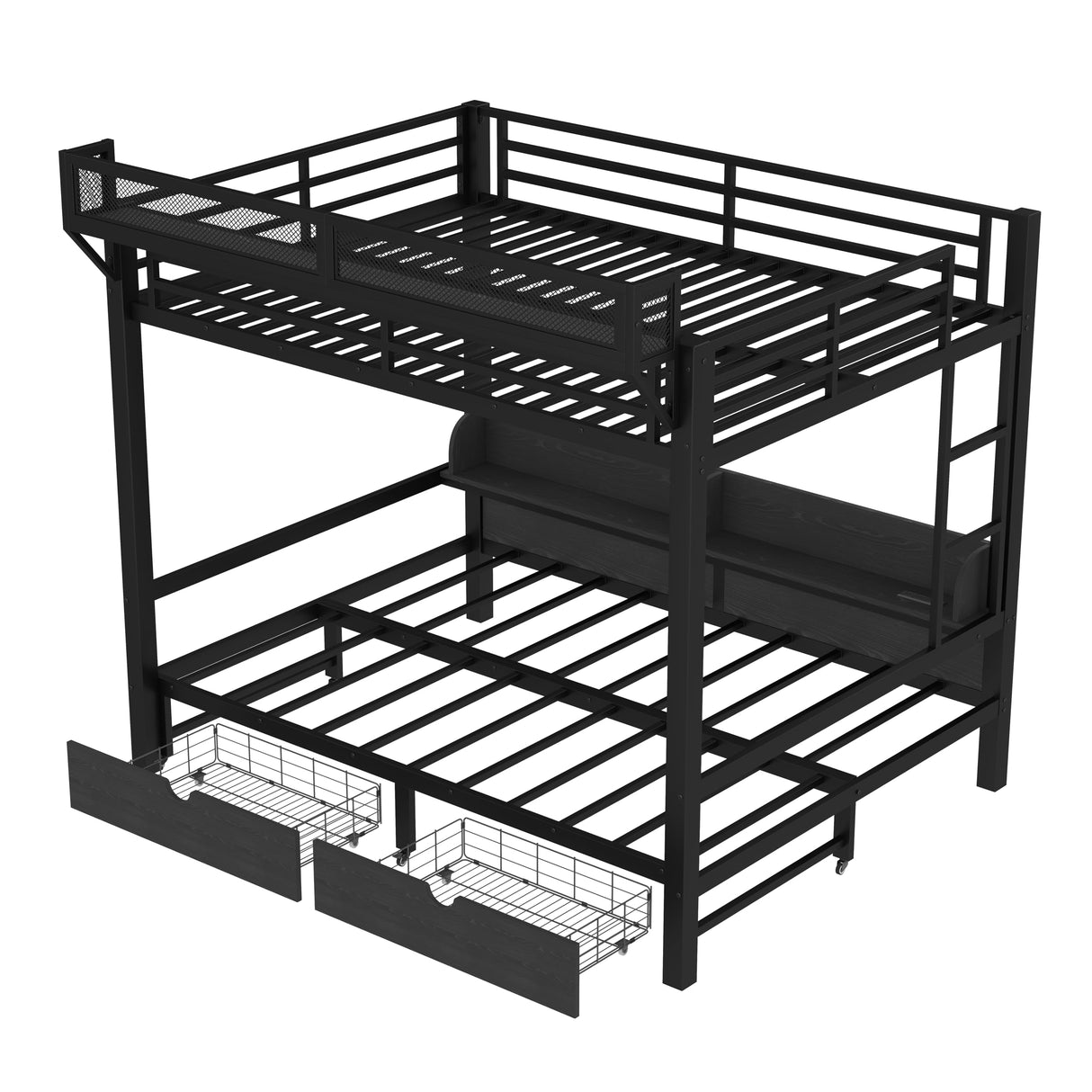 Queen Over Queen Metal Bunk Bed with Storage Drawers and Shelves, Heavy Duty Bunk Beds with LED Lights and Charging Station for Kids,Adults,Convertible into a Sofa Bed,Black Bellemave