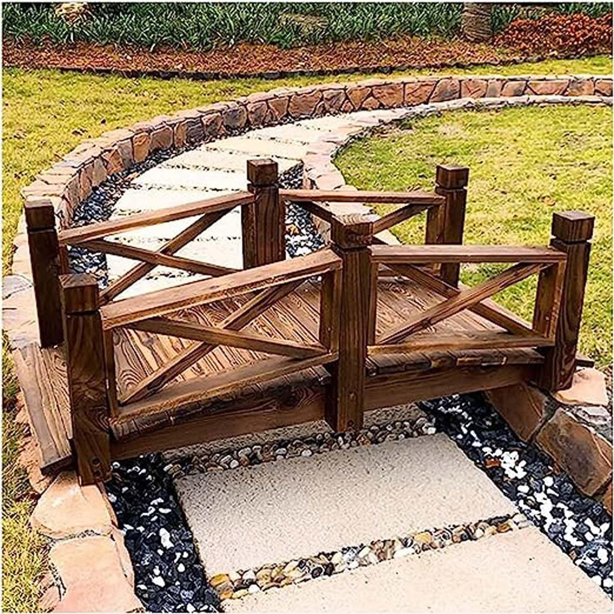 4.6ft Long Garden Decor Outdoor Bridge, Classic Wooden Arched Footbridge, for Fish Pound/Creek Bed/Farm, Easy to Install WoodArtSupply
