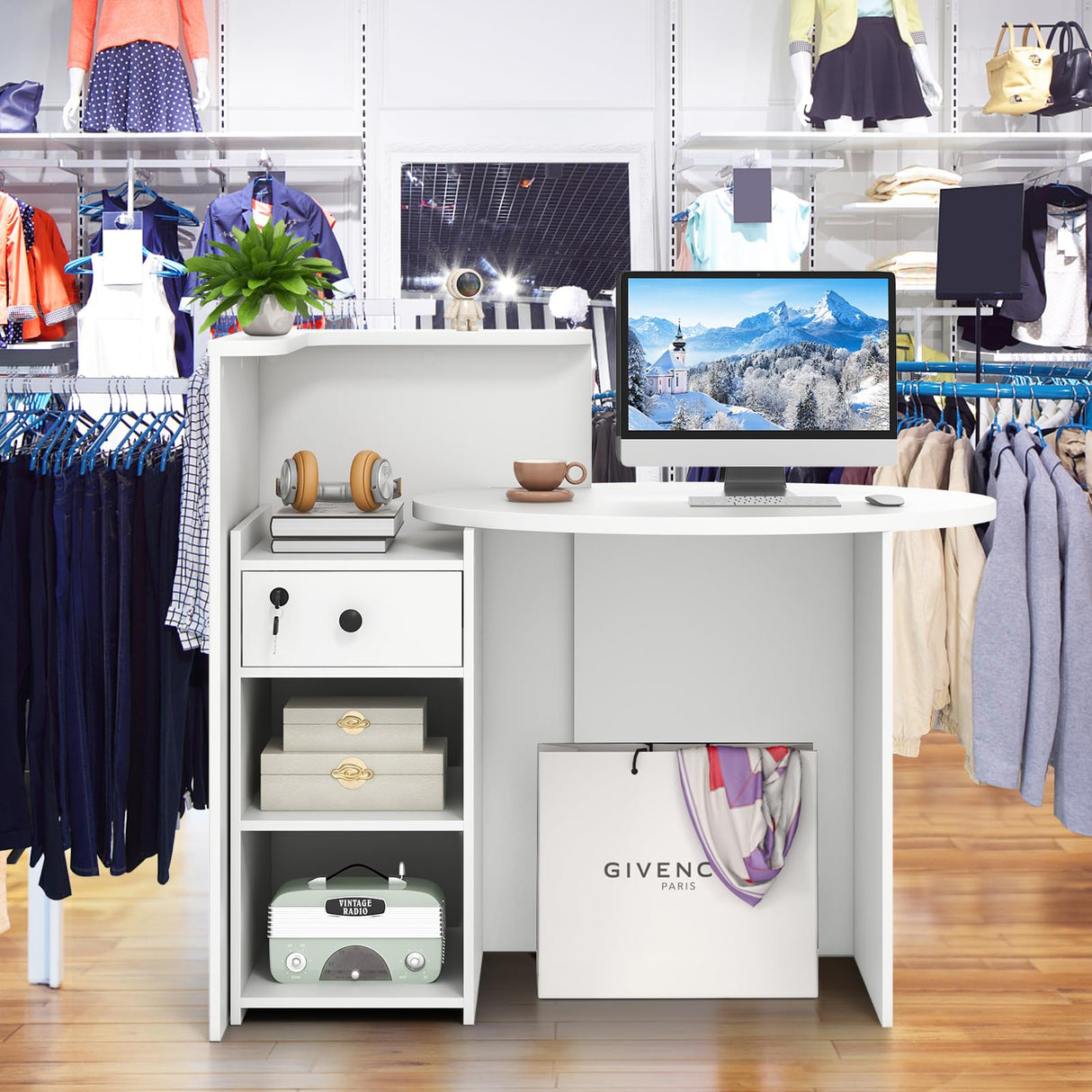 Tangkula Reception Desk, Front Counter Desk with Lockable Drawer & Adjustable Shelf, Oval Desktop, Retail Counter for Checkout, Computer Workstation for Salon Lobby Home Office Tangkula