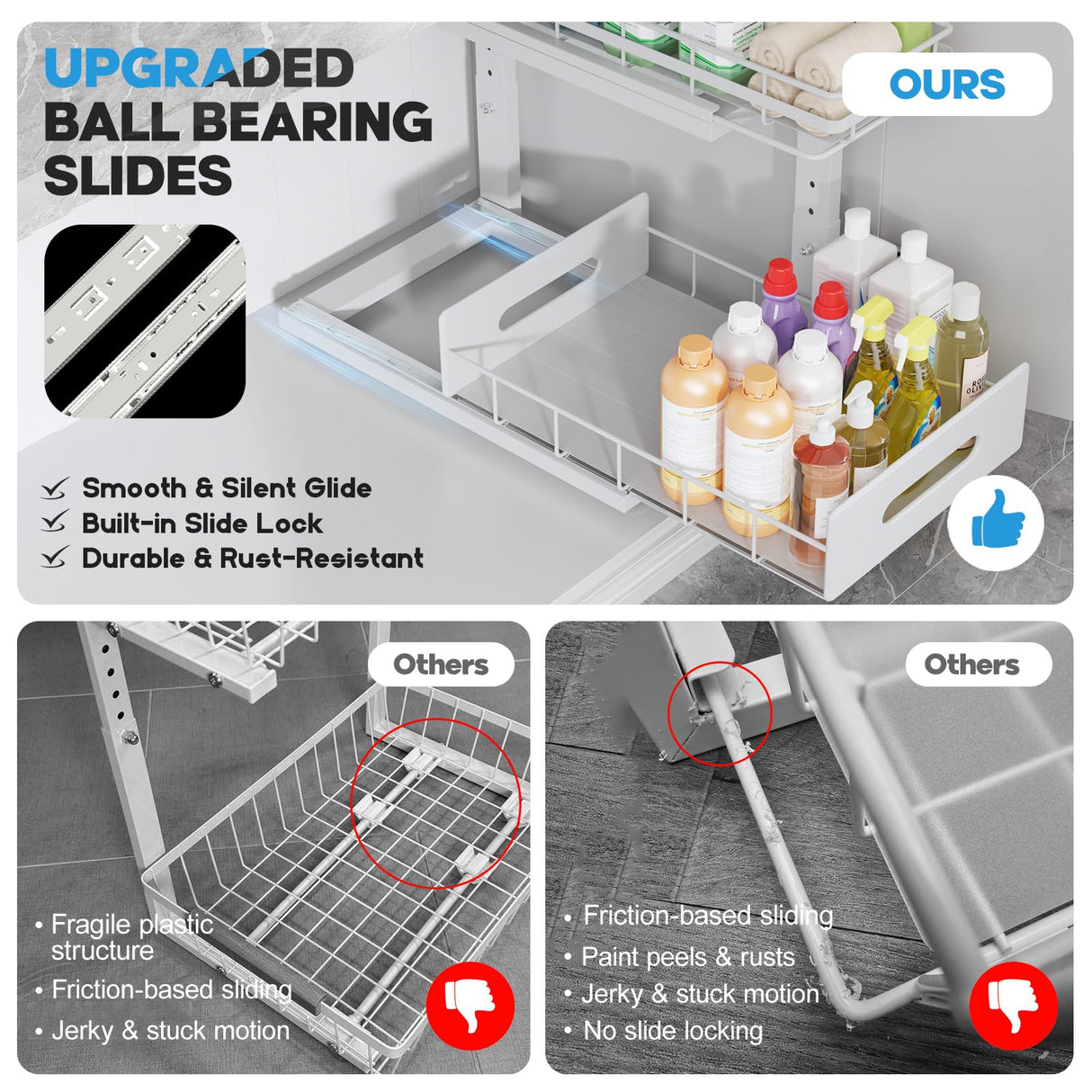 Biboraya 2 Pack Under Sink Organizer with Smooth Ball Bearing Slides,2-Tier Pull Out Cabinet Storage,Slide Out Drawers for Bathroom&Kitchen,Under Sink Shelf,Rust-resistant Coating,Height Adjustable Biboraya
