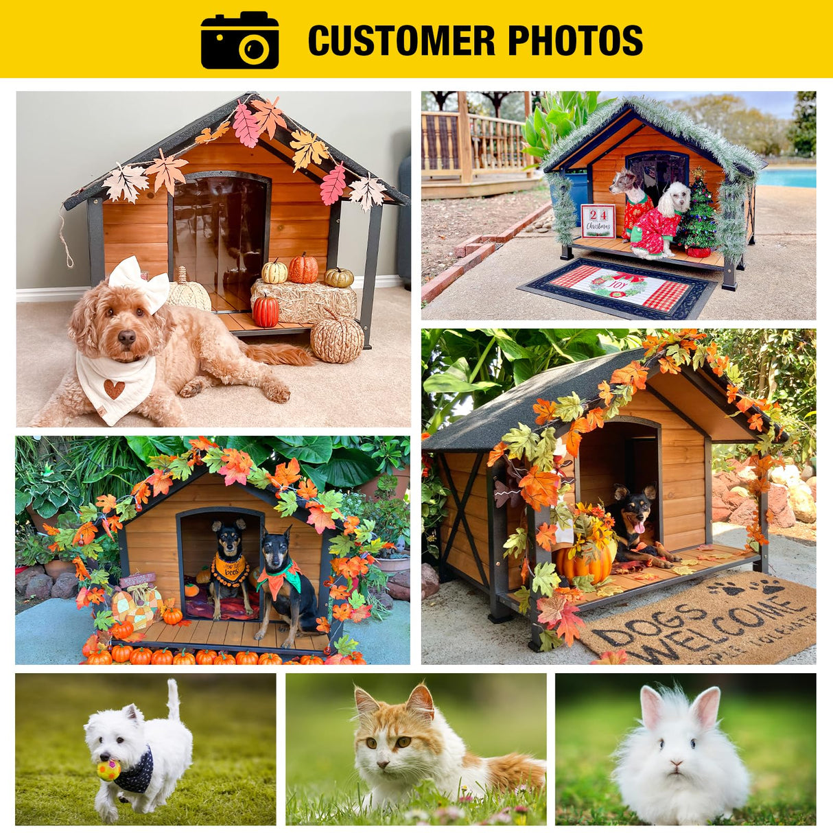 Aivituvin Dog House with Anti-Chewing Metal Frame Outdoor Large Wooden Dog Kennel Outside with Overhang Roof Large Porch Weatherproof Aivituvin
