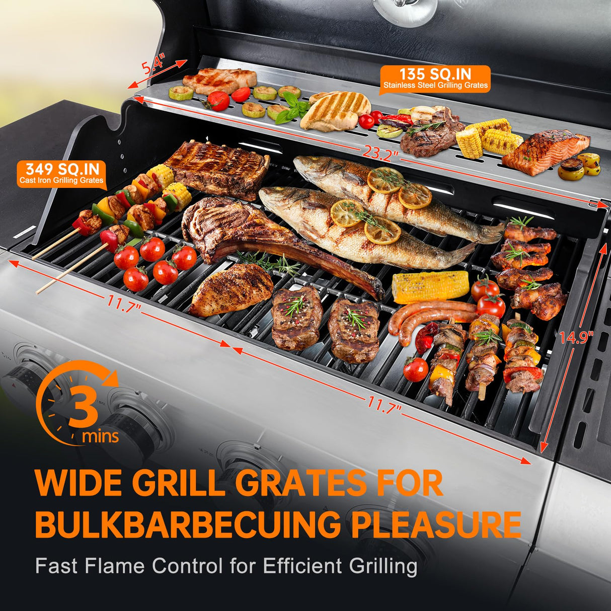 YIORTWO 4 Burner Propane Gas Grill with Side Burner, Stainless Steel BBQ Grill 48,500 BTU for Outdoor Cooking Kitchen, Garden and Patio Backyard Barbecue, Black and Silver YIORTWO