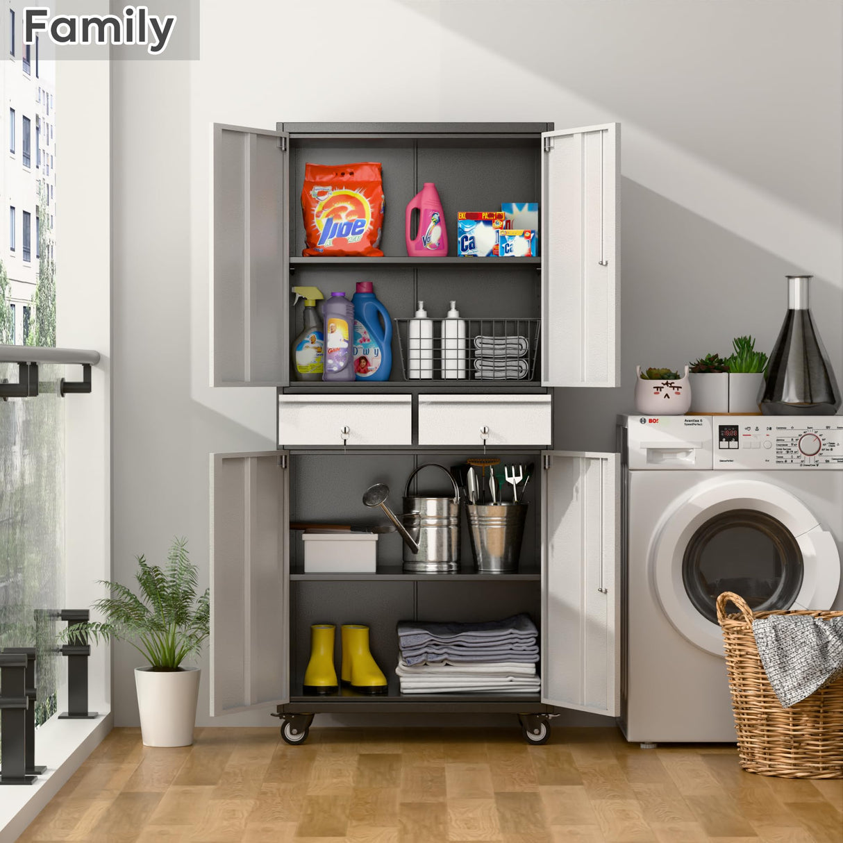 SUXXAN 71" Tall Metal Garage Storage Cabinet with 4 Wheels and 2 Drawer, Rolling Tool Storage Cabinet with Locking Doors and Adjustable Shelves,Heavy Duty Steel Tool Cabinet for Garage, Warehouse SUXXAN