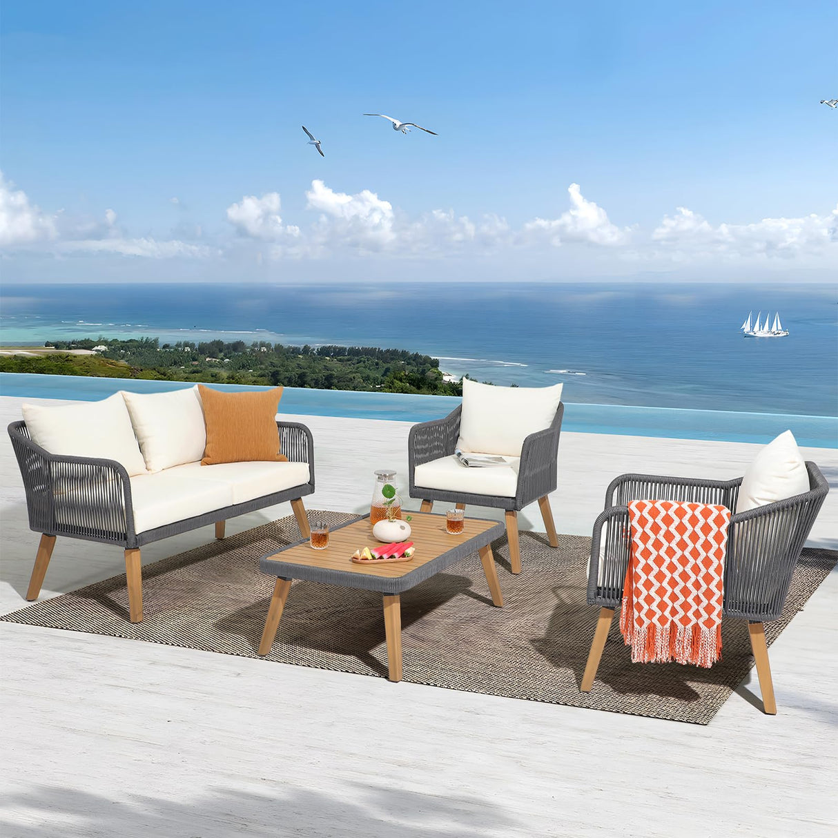 Patiorama 4 Piece Patio Furniture Set, Outdoor FSC Certified Acacia Wood Conversation Set, All-Weather Rope Sofa Set w/Coffee Table, Loveseat, Modern Deep Seating Set for Lawn Balcony Poolside, Cream Patiorama