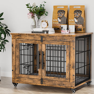 Lulive Dog Crate Furniture, Dog Kennel Indoor Double Doors Wooden Dog Cage, 33'' Heavy Duty Dog Crate with Cushion & Wheels, Decorative End Table Pet House Chew-Resistant for Medium/Small Dog, Brown