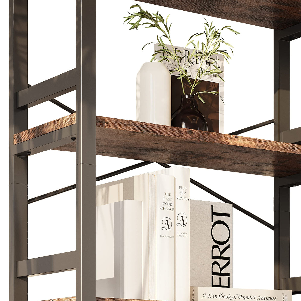 IRONCK Bookshelves and Bookcases, 31.5in Wide Shelf 5-Tier Ladder Shelf 110lbs/shelf Vintage Industrial Style Bookcase for Bedroom Living Room Home, Vintage Brown IRONCK