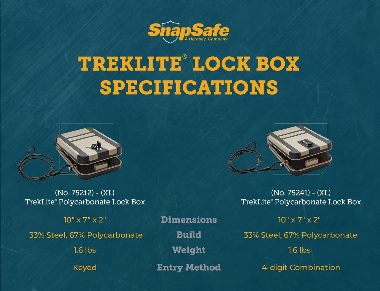 SnapSafe Treklite Combination Lock Box - Polycarbonate Portable and Lightweight Gun Lock Box - With Keyed Lock and Foam Lining - Ideal for Travel, TSA Approved - XL, 10 x 7 x 2 Inches SnapSafe