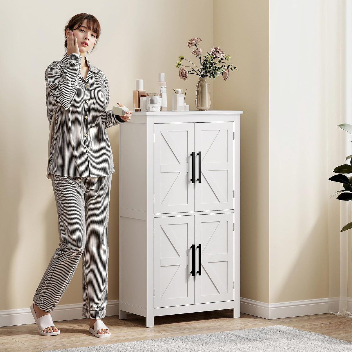 HOMCOM Farmhouse Bathroom Storage Cabinet with 4 Barn Doors, Bathroom Floor Cabinet with 2 Adjustable Shelf, Freestanding Storage Cupboard, White HOMCOM