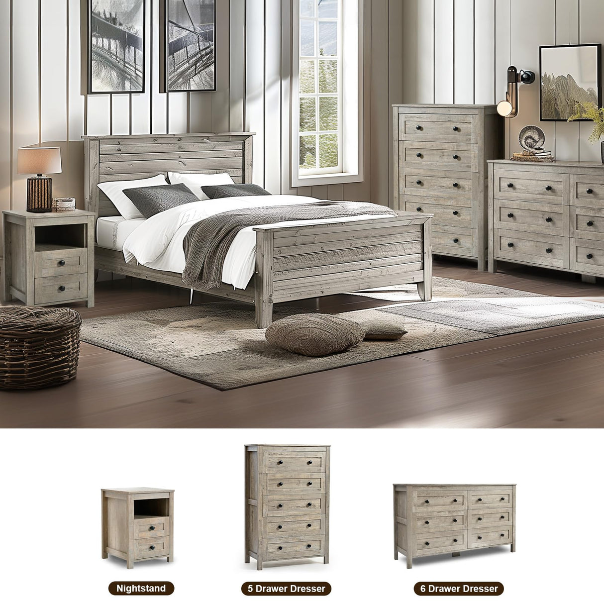 HALLYBEE Farmhouse 6 Drawer Dresser for Bedroom, 54" Long Wood Chest of Drawers with Round Metal Handle, Storage Dresser Organizer, TV Stand Dresser for Bedroom, Living Room, Hallway, Light Rustic Oak HALLYBEE