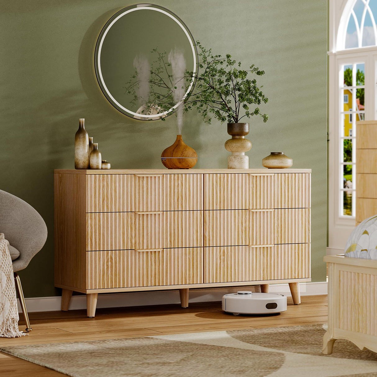 Lulive Dresser for Bedroom Wood Dressers Chest of Drawers, Fluted 53.2" Wide Modern Long Dresser TV Stand 6 Drawers for Bedroom, Closet, Living Room, Hallway (Natural) Lulive