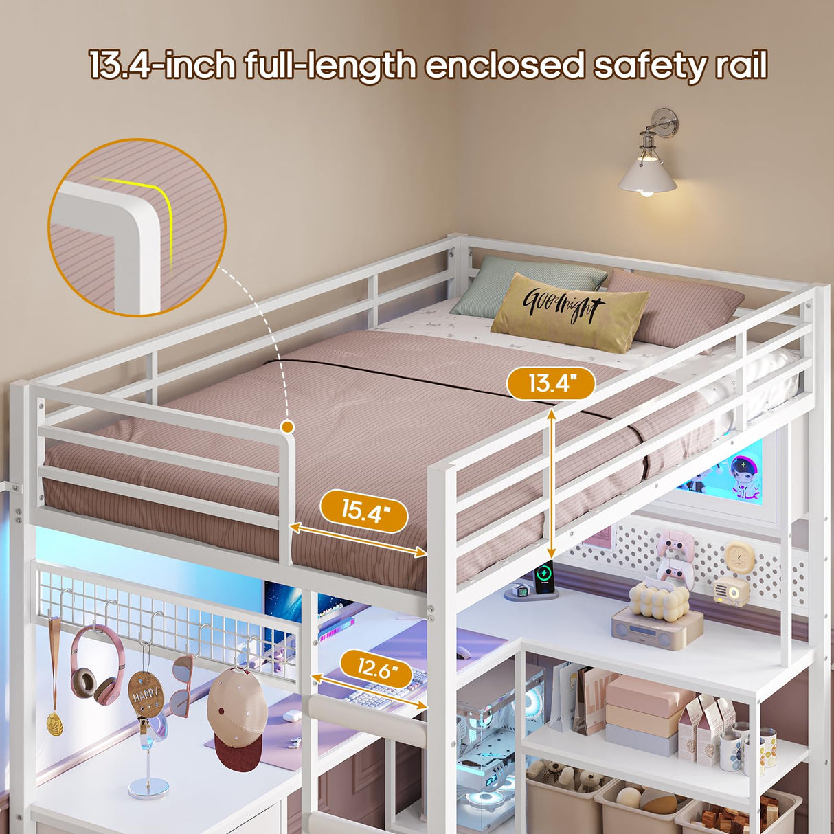 ADORNEVE Twin Size Loft Bed with L-Shaped Desk, Storage Drawers & RGB Arcylic Cabinet, Expanded Safety Power Outlet, Metal LED Loft Bed Frame with Wide Ladder, for Teen Girls, White ADORNEVE