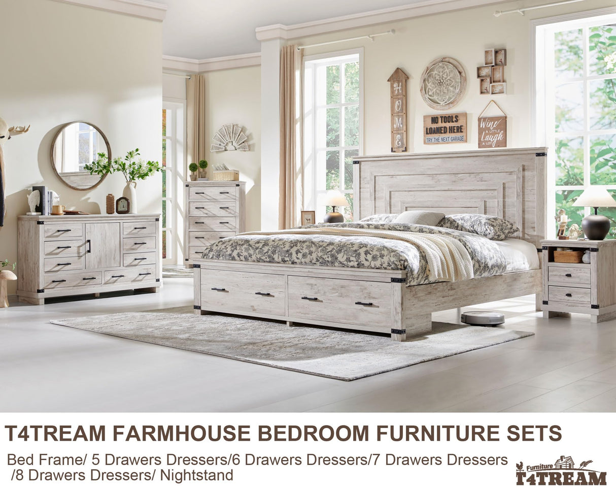 T4TREAM Farmhouse King Size Bed Frame with 54" Tall Geometric Headboard & 2 Large Storage Drawers, Rustic Wood Platform Bed with Wood Slats Support, No Box Spring Needed, Antique Brushed White T4TREAM