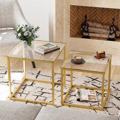 VILAWLENCE Coffee Table Set of 2, Modern Gold Glass Side Table, Metal Frame Square End Table, Center Tables Nesting Coffee Table for Living Room,Bedroom and Small Spaces