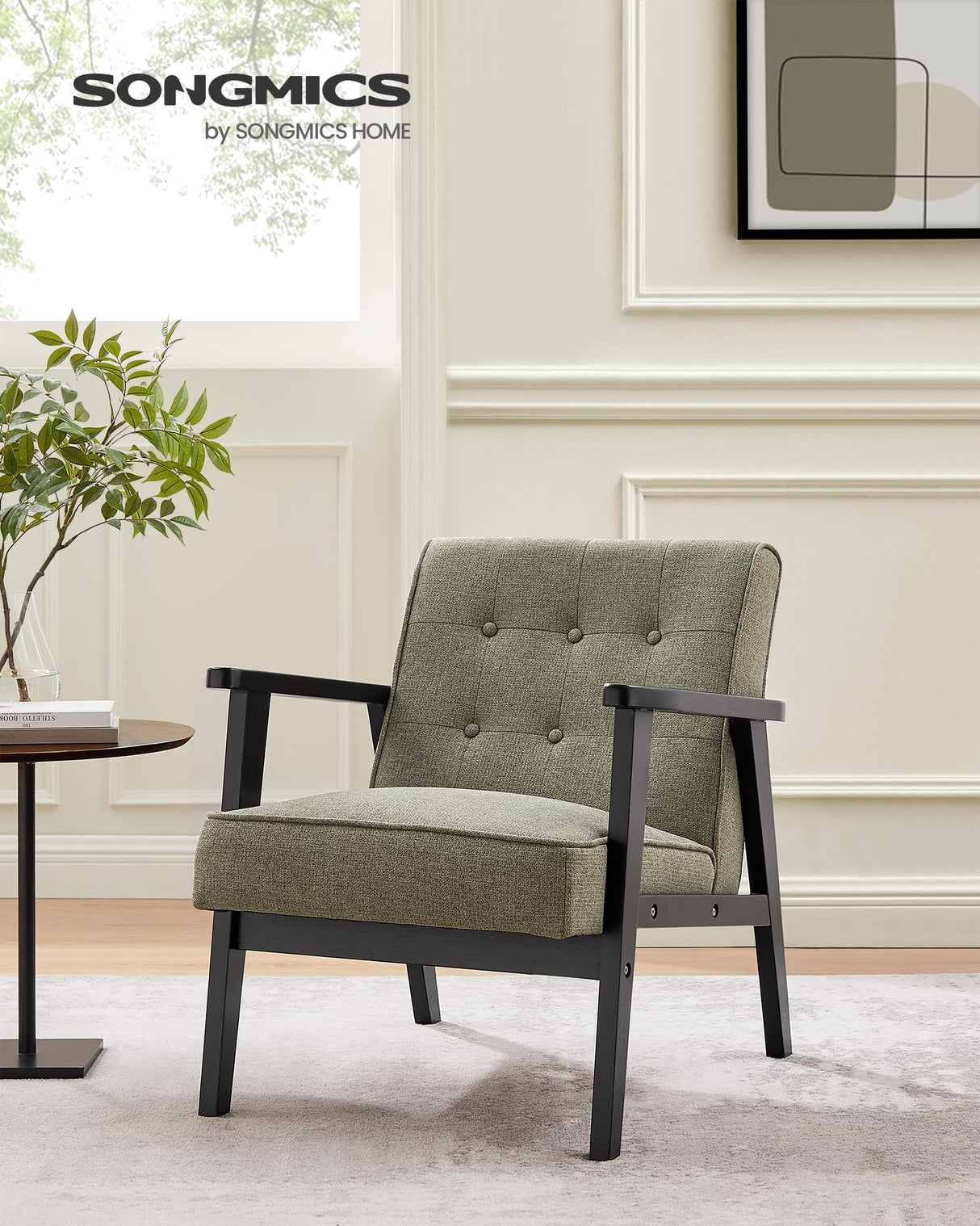 SONGMICS Accent Leisure Chair, Mid-Century Modern Arm Chair with Solid Wood Armrests and Legs, 1-Seat Cushioned Sofa for Living Room Bedroom Balcony Studio, Olive Green ULAC001C01 SONGMICS