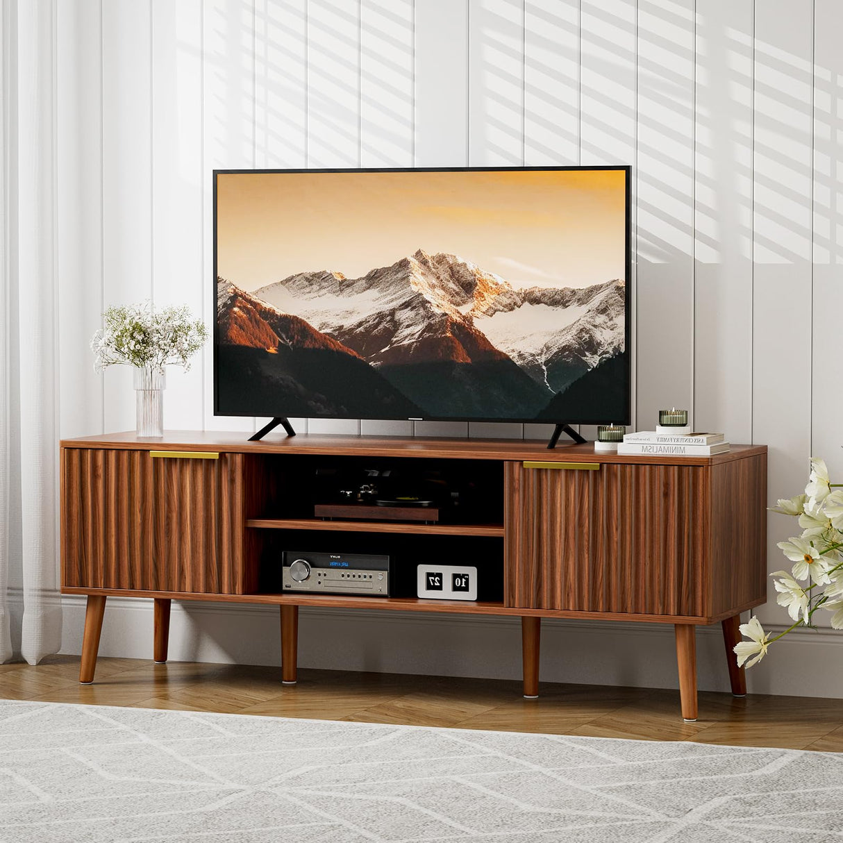 TV Stand for Living Room, Mid Century Modern Entertainment Center for 55/60/65 inch TVs, TV Console with Fluted Door Cabinets and Open Shelves, for Bedroom, Walnut LCRBOL