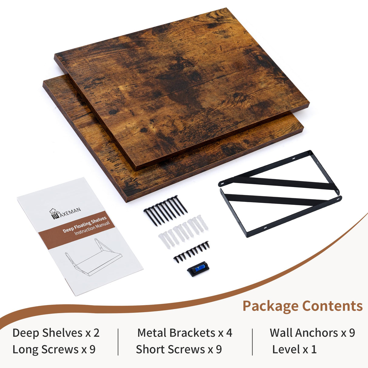 Axeman Deep Floating Shelves, 16W x 12D Rustic Wood Floating Shelves Set of 2, 12 Inch Deep Large Floating Shelves for Wall Decor, Hanging Shelves for Farmhouse Kitchen Bathroom Bedroom - Rustic Brown Axeman