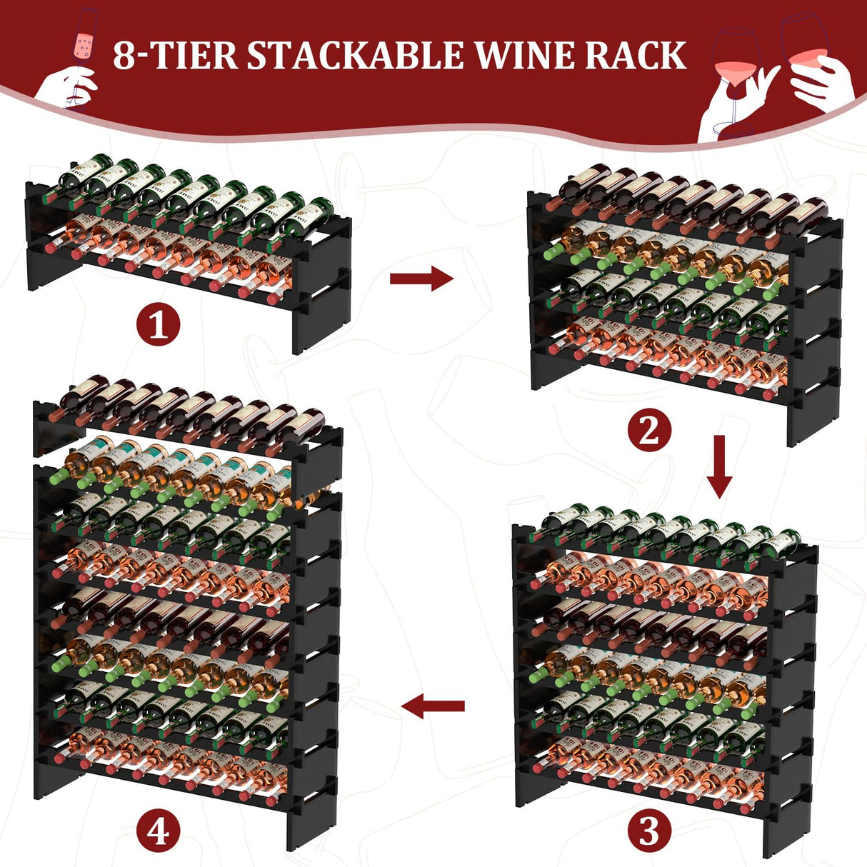 Domax Wine Rack Freestanding Floor - 8 Tiers Wine Bottle Holder 72 Bottle Stackable Wine Rack, Bamboo Wine Holder Wine Storage Racks for Kitchen, Bar, pantry and Cellar (Black) Domax