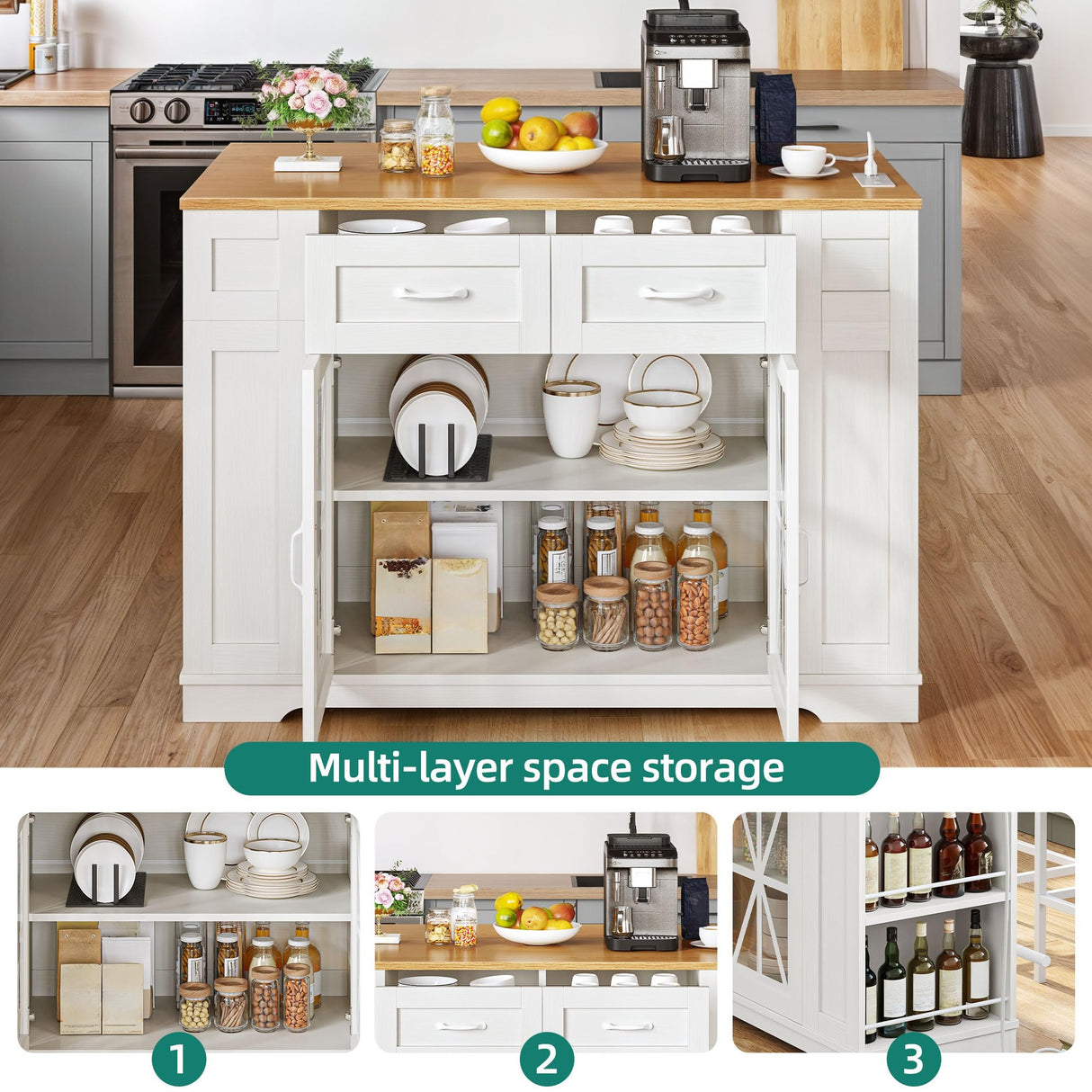 YITAHOME Kitchen Island with Drop Leaf, 47 Inch Mobile Storage Island with Seating, Rolling Islands Table with Power Outlet & 2 Bar Stools on Wheels, White Oak YITAHOME