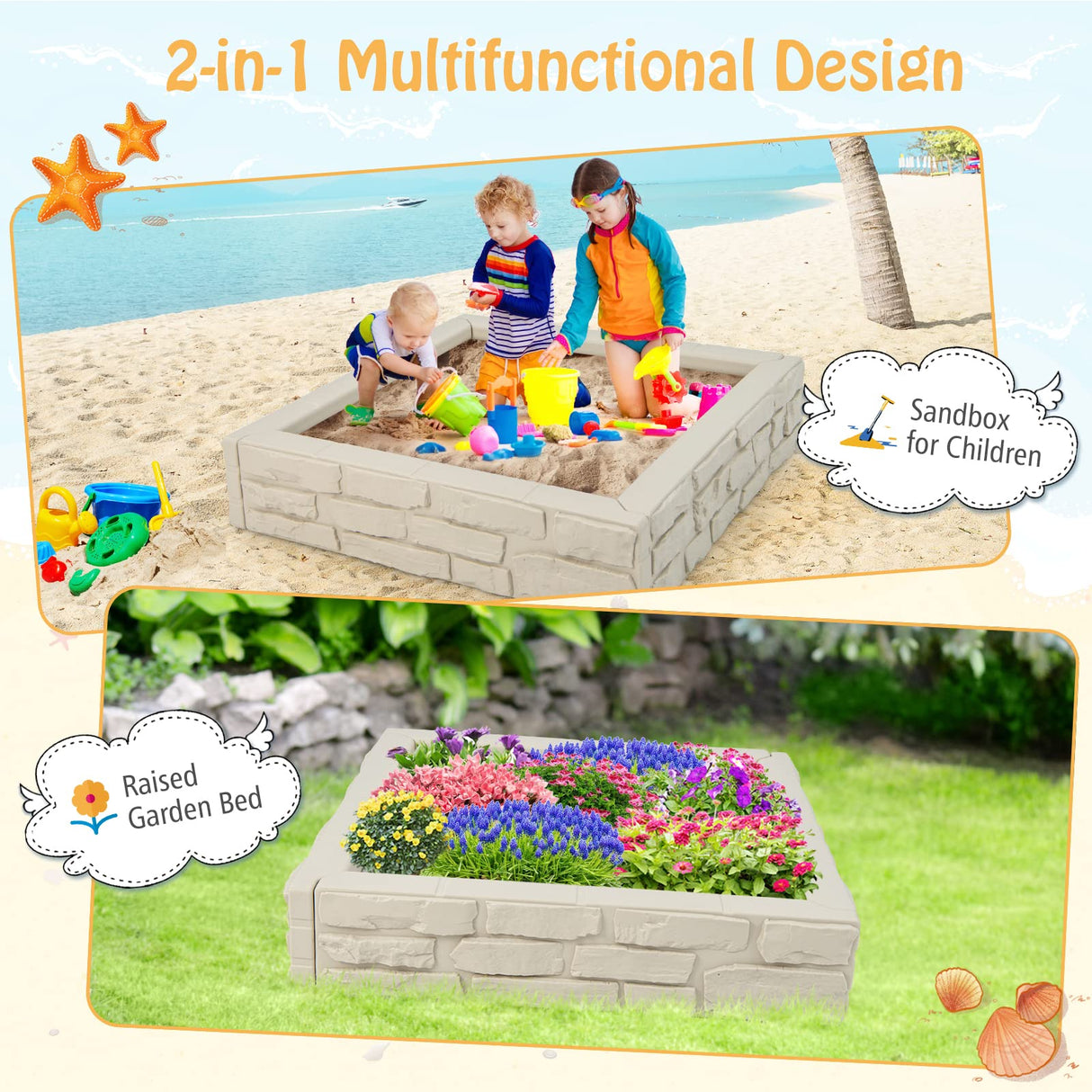 HONEY JOY Sandbox with Cover, 47x47 Inch Square Sand Pit for Backyard, Bottom Drainage Oxford Liner, HDPE Playful All Weather Resistant Sand Boxes for Kids Outdoor with Lid (White) HONEY JOY