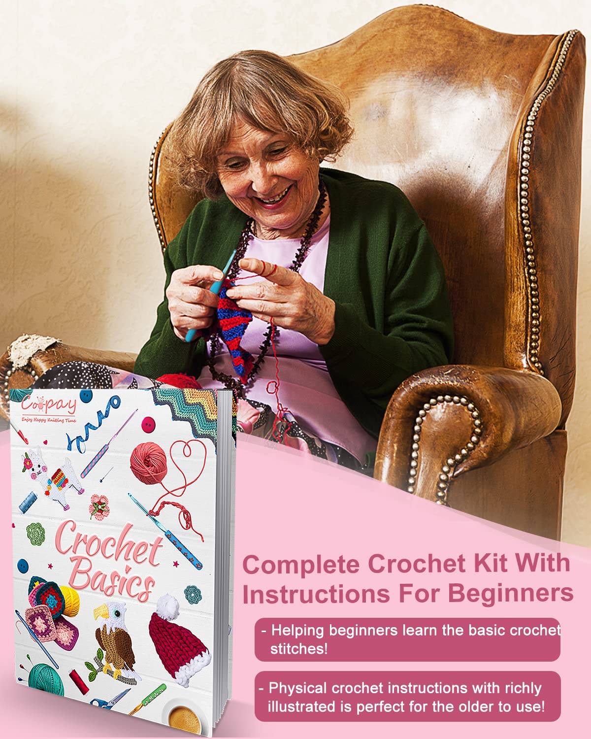 Coopay Crochet Kit for Beginners, 71PCS Crochet Starter Kit with 16 Colors Crochet Yarn & Instructions, Double-Layer Crochet Set Beginner Crochet Kit for Kids/Adults, Professional Starter Pack, Pink Coopay